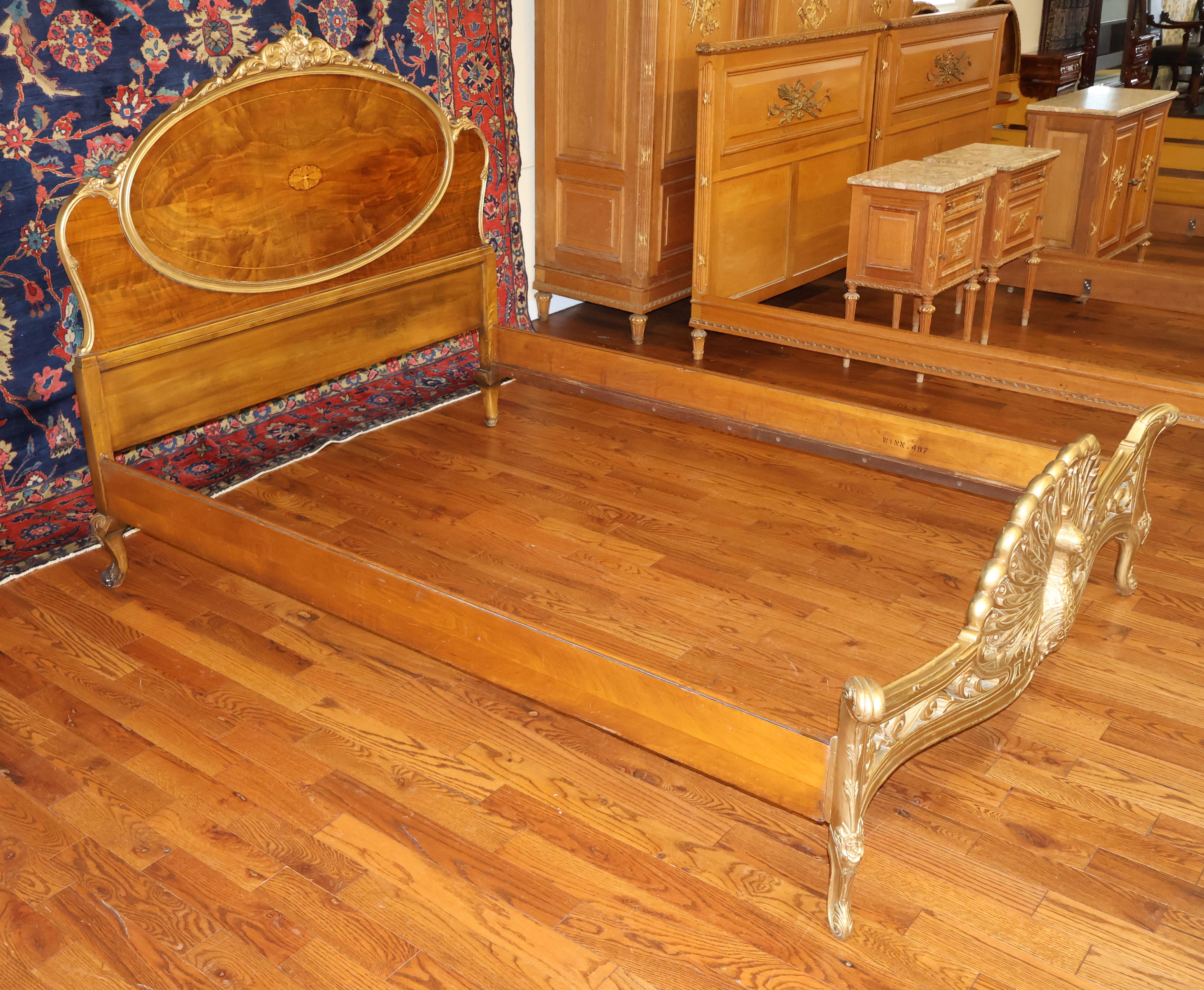 French Louis XVI Style Inlaid Burled Wood Peacock Carved Full Bed For Sale 2