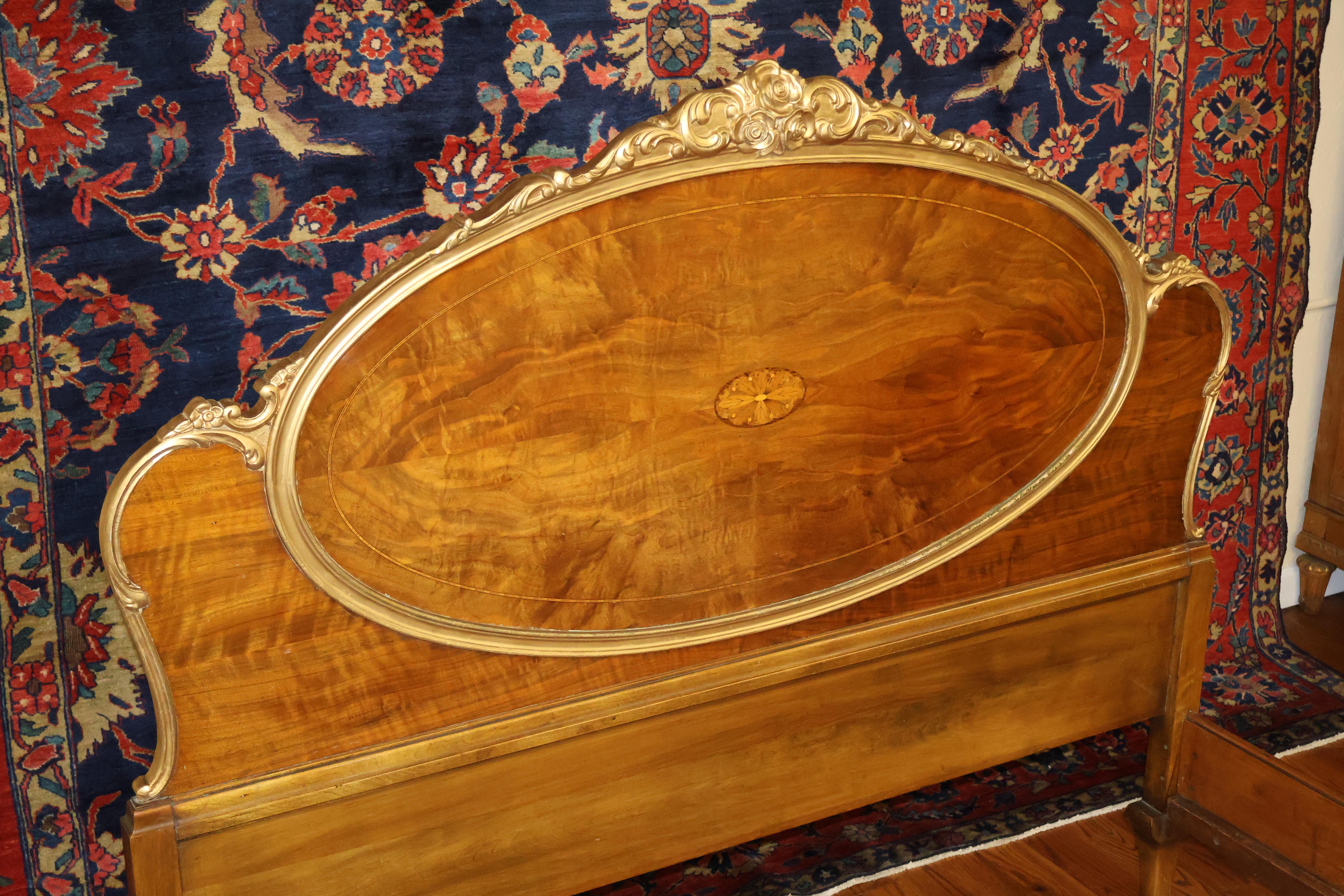 French Louis XVI Style Inlaid Burled Wood Peacock Carved Full Bed For Sale 3