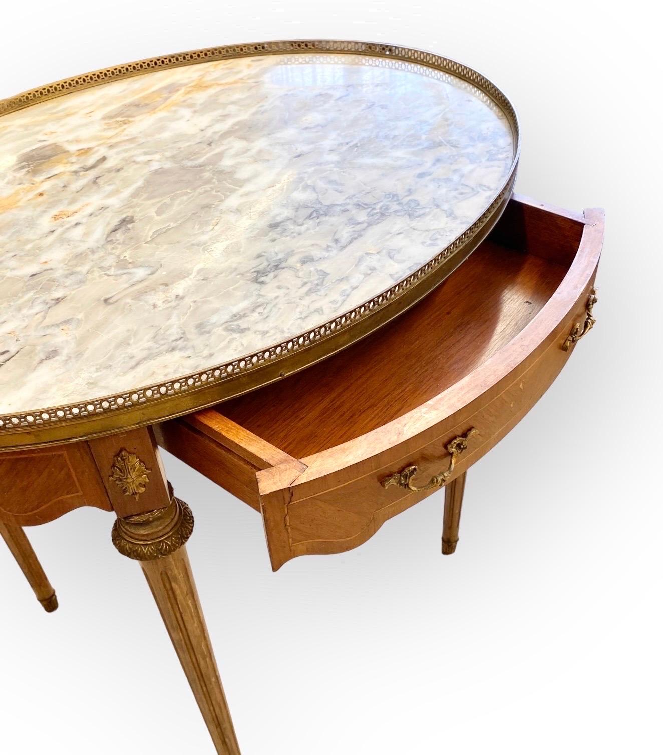 Ormolu French Louis XVI Style Inlaid Carved Walnut Marble Top Bouillote Table, 20th C.  For Sale
