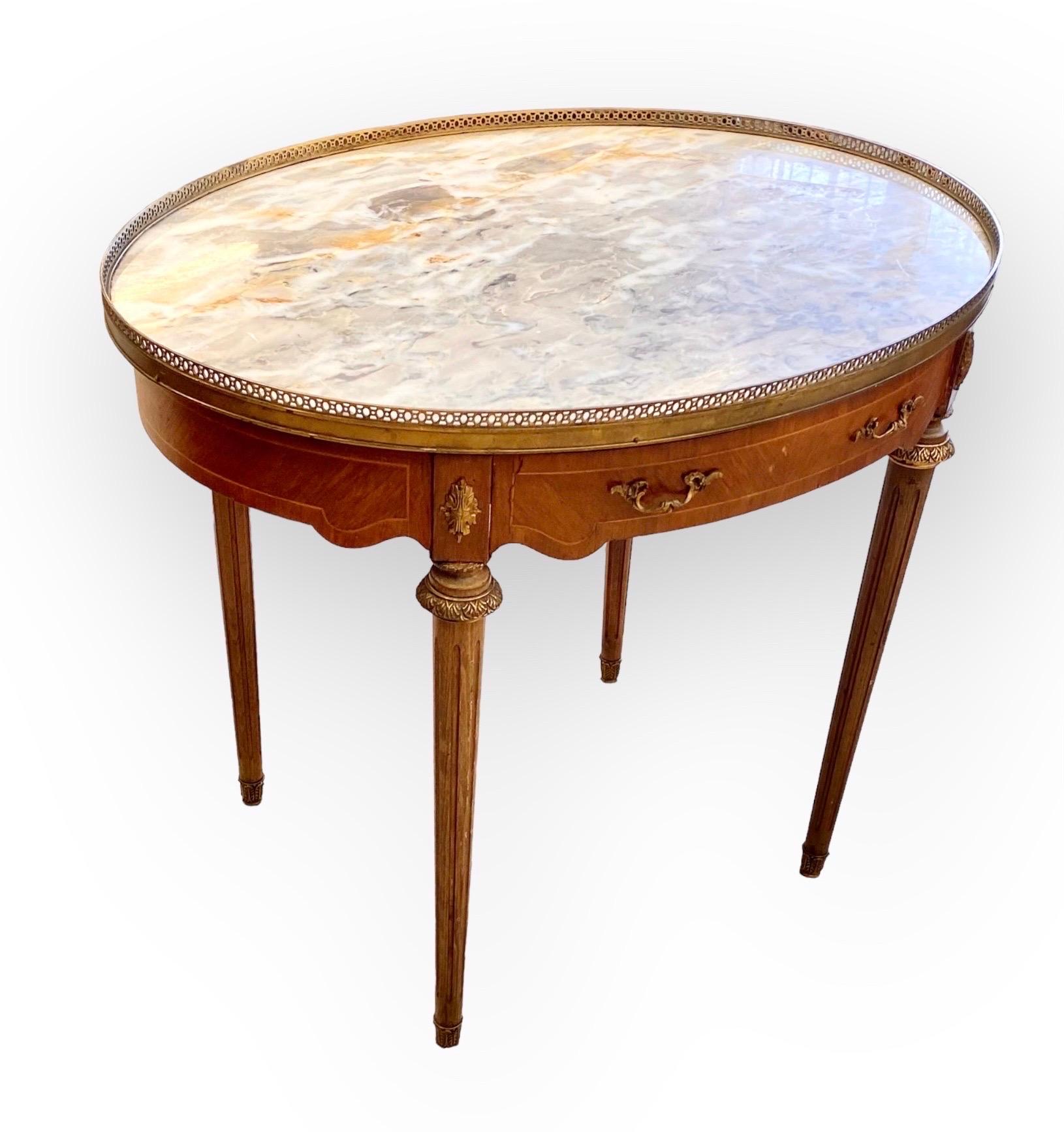 French Louis XVI Style Inlaid Carved Walnut Marble Top Bouillote Table, 20th C.  For Sale 4