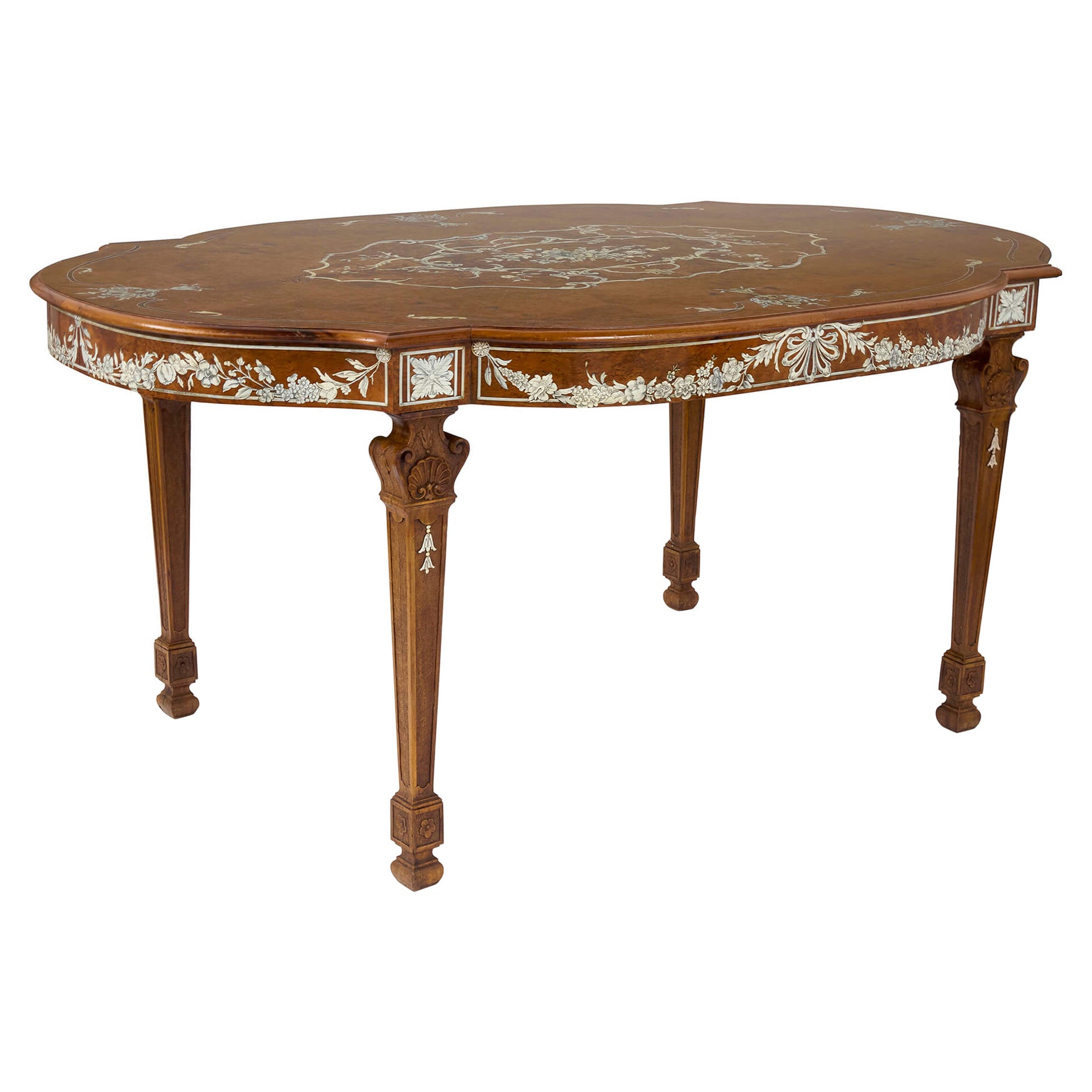 Mesa de centro antigua de madera de abedul con incrustaciones de marfil estilo Luis XVI francés en venta