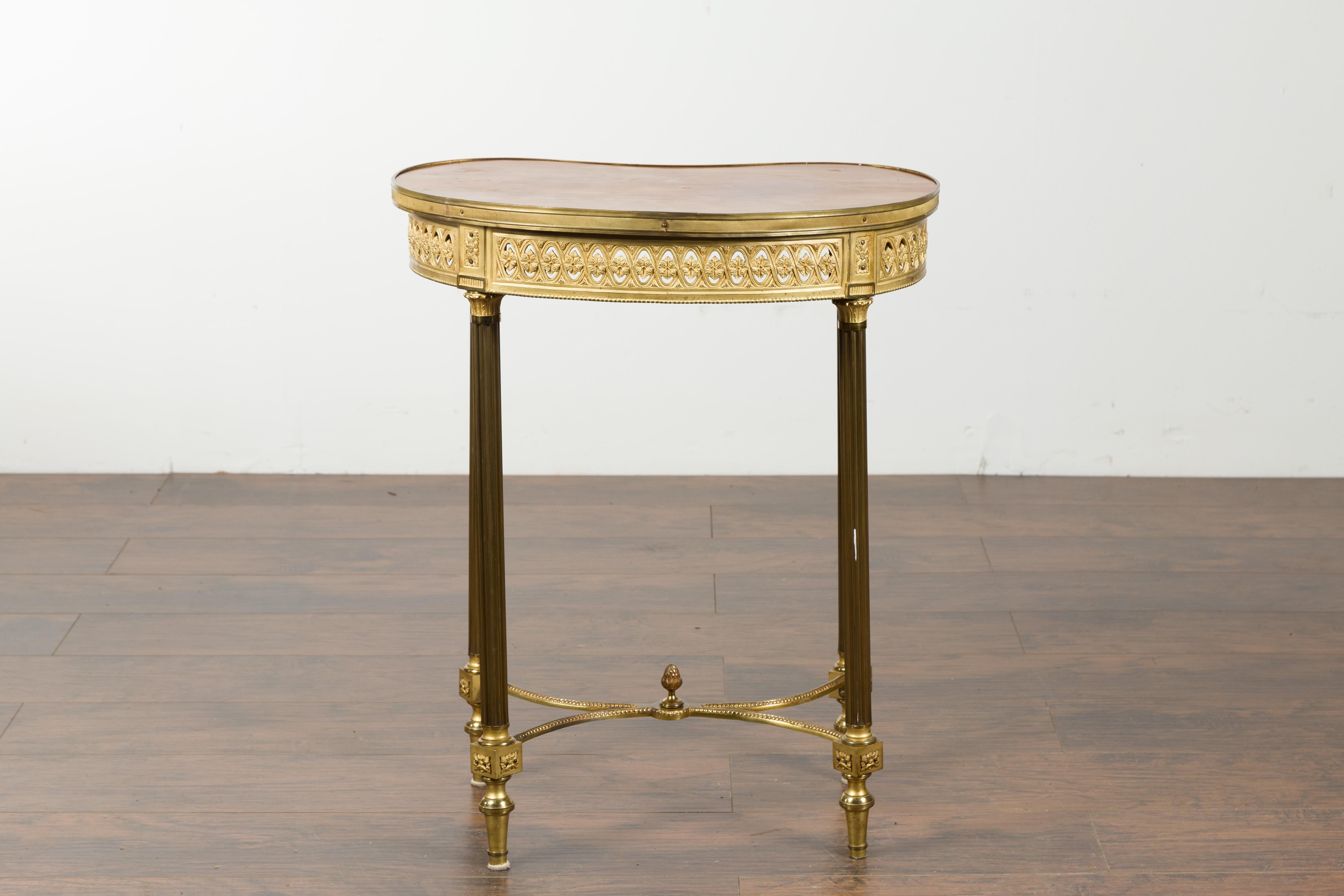 French Louis XVI Style Kidney Gilt Bronze Accent Table with Palmiform Columns 10