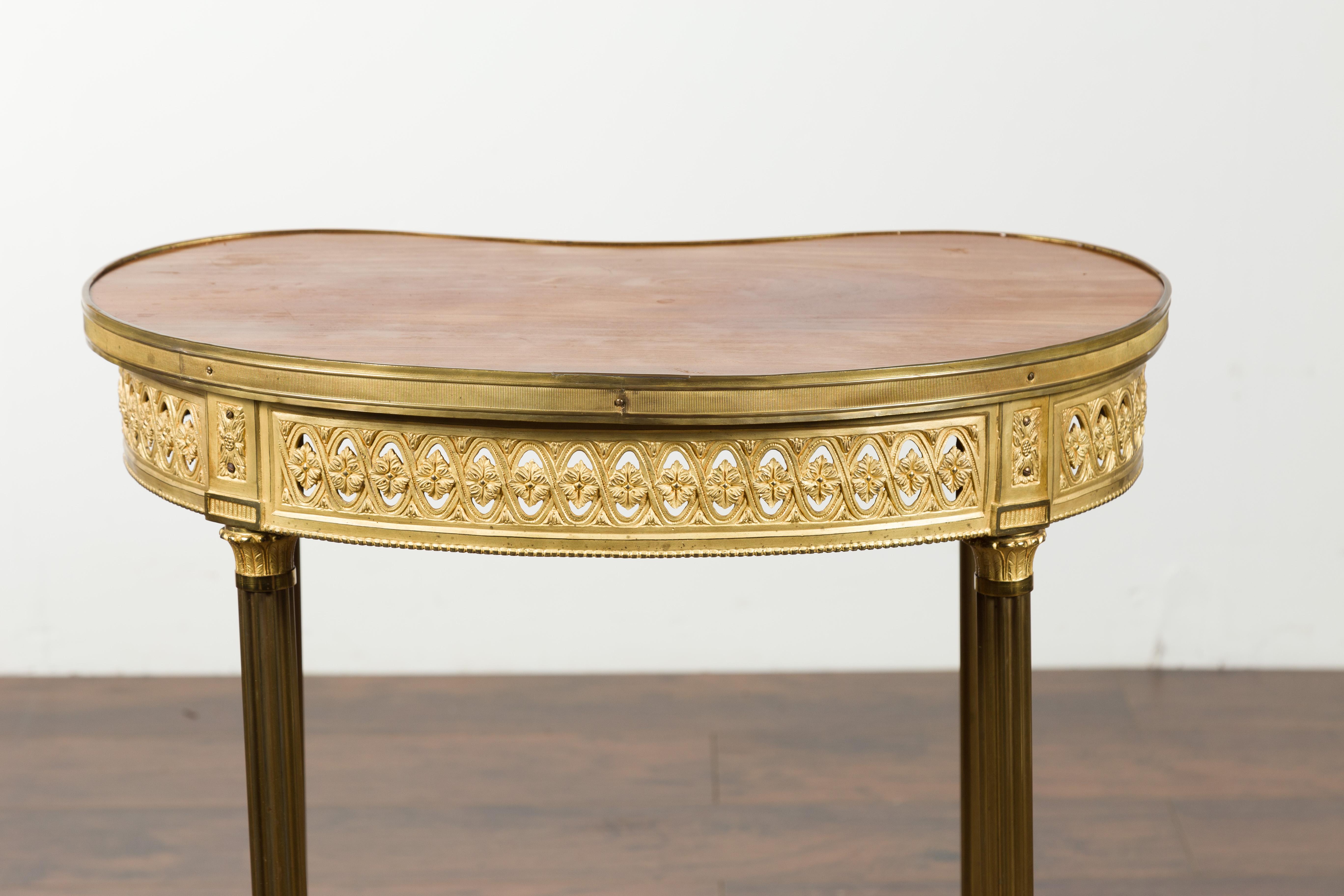French Louis XVI Style Kidney Gilt Bronze Accent Table with Palmiform Columns 11