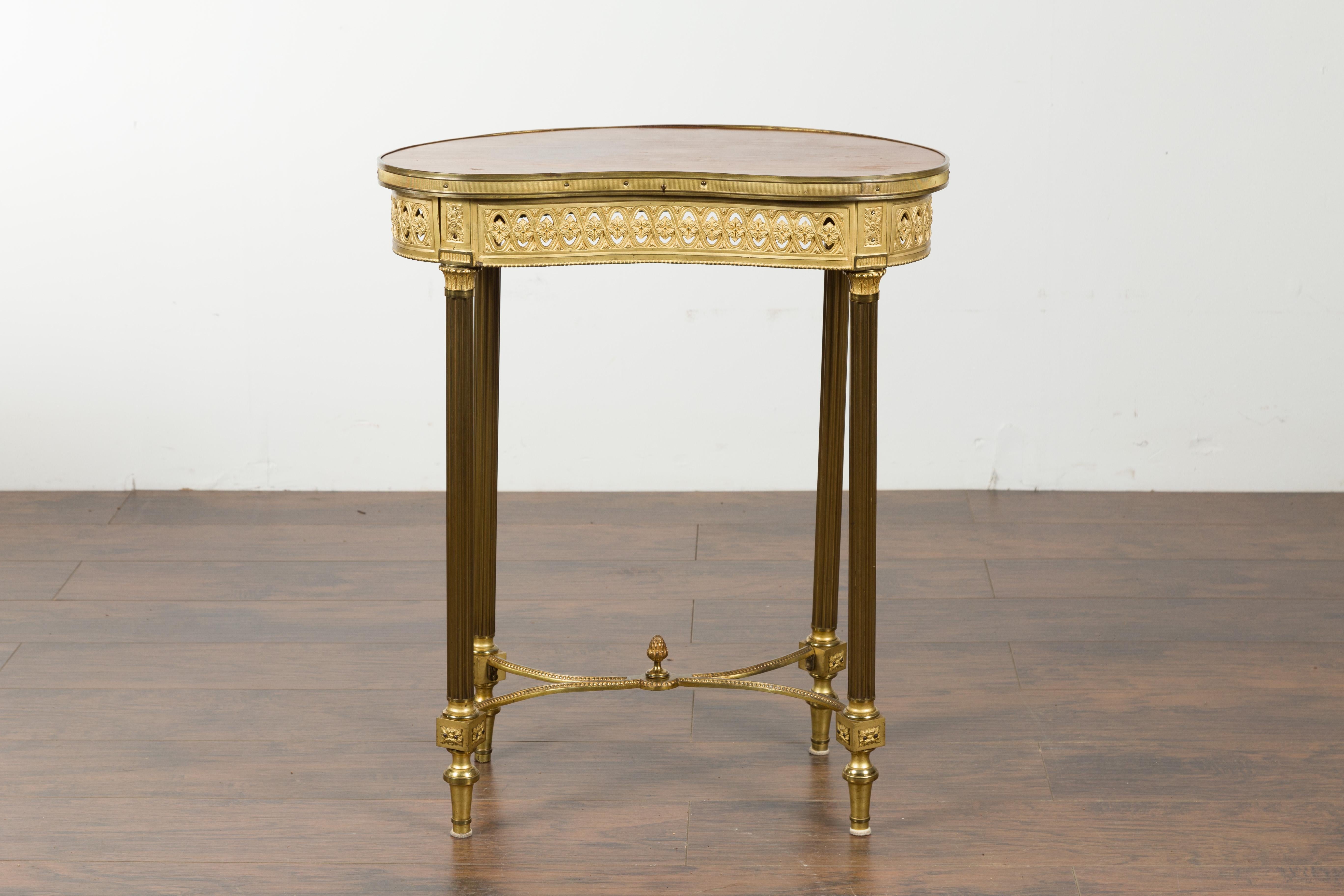 19th Century French Louis XVI Style Kidney Gilt Bronze Accent Table with Palmiform Columns