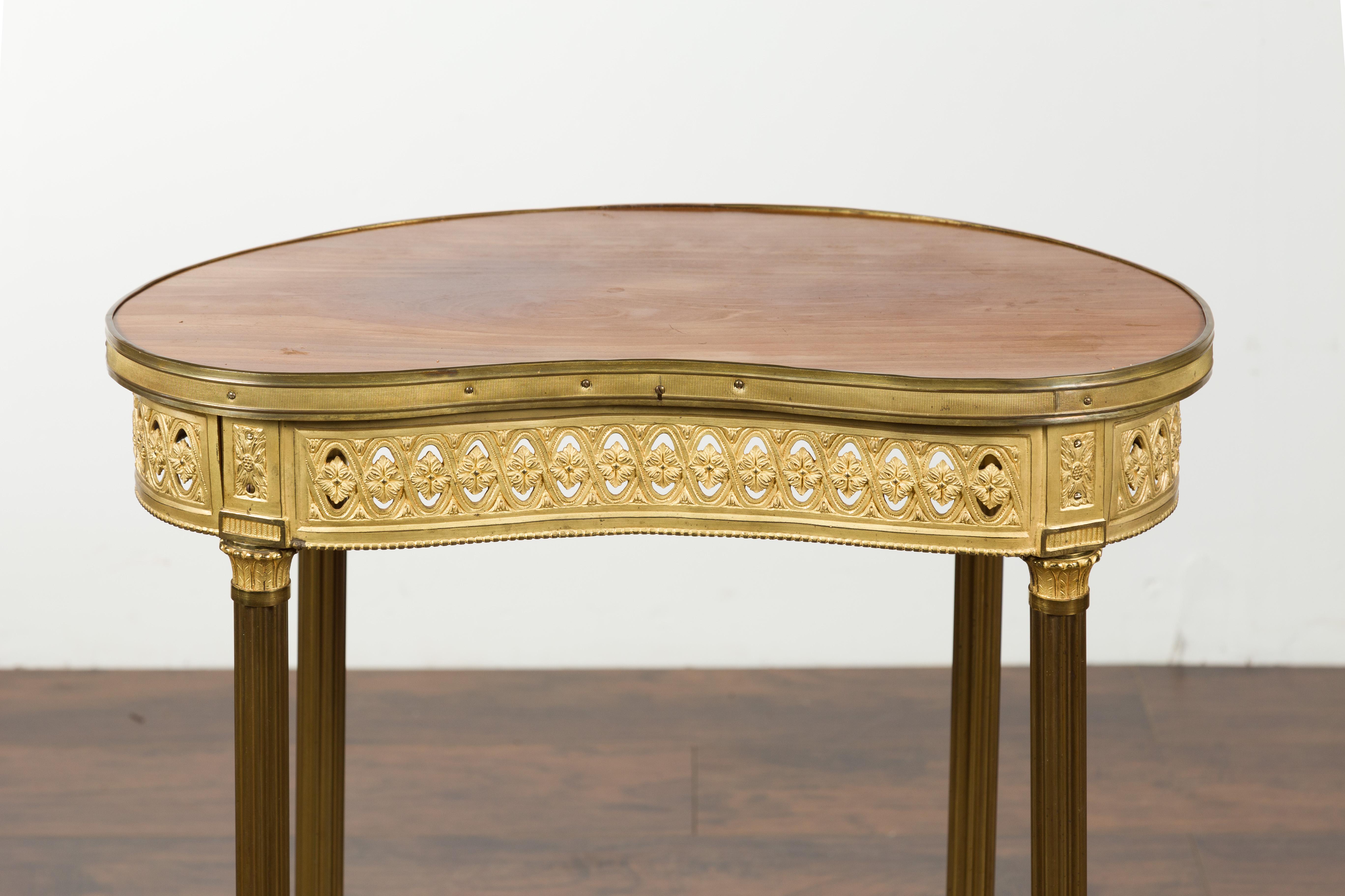 French Louis XVI Style Kidney Gilt Bronze Accent Table with Palmiform Columns 1
