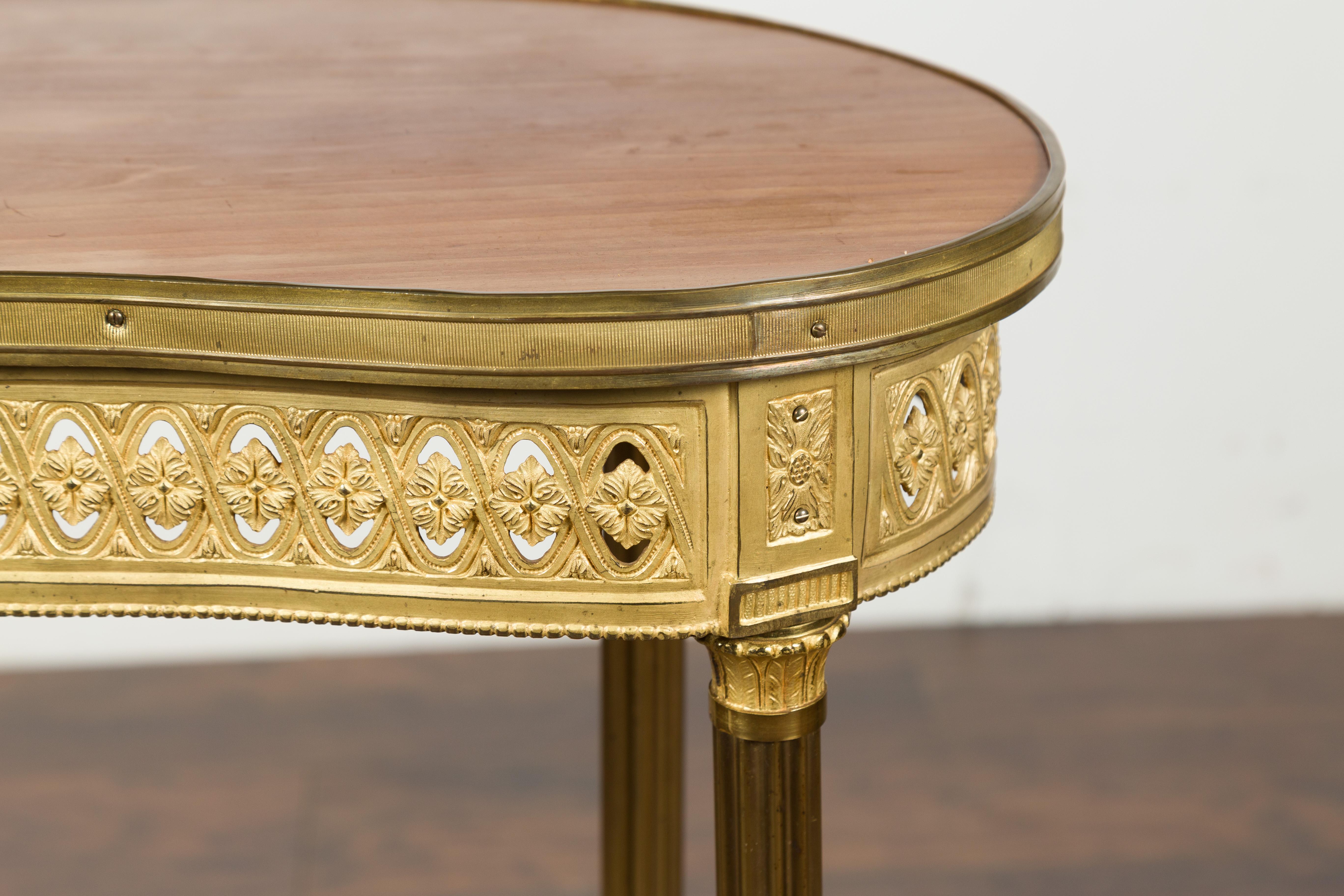 French Louis XVI Style Kidney Gilt Bronze Accent Table with Palmiform Columns 3