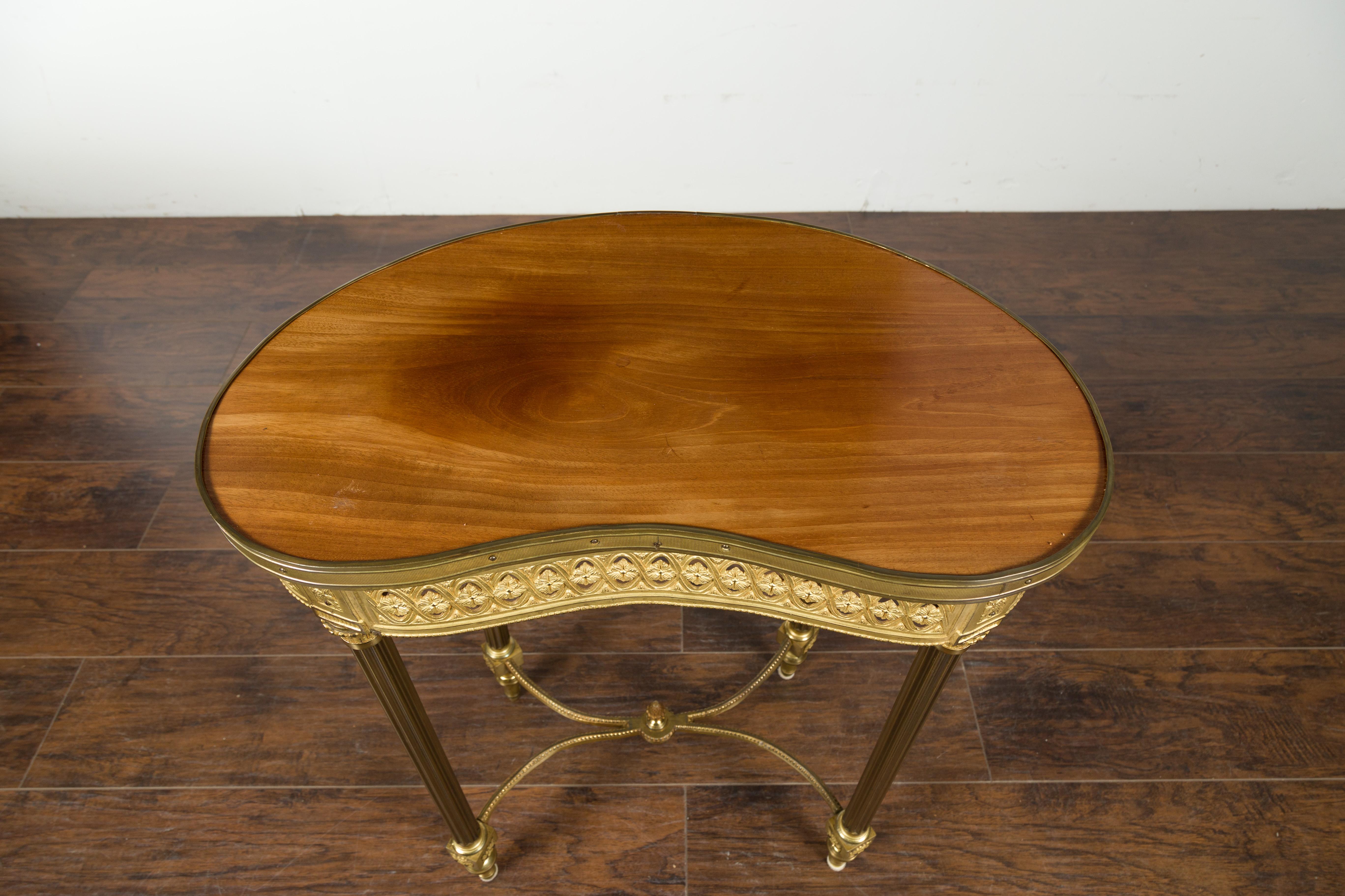 French Louis XVI Style Kidney Gilt Bronze Accent Table with Palmiform Columns 5