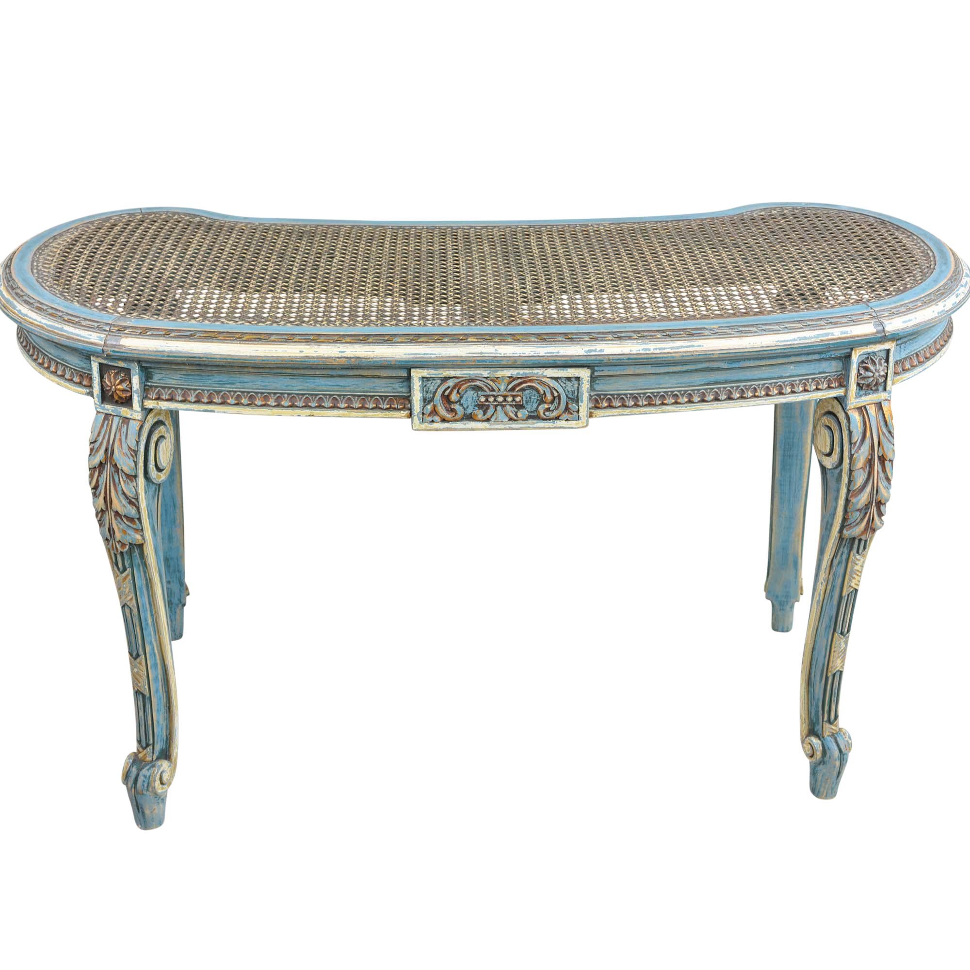 European French Louis XVI Style Kidney Shape Vanity or Window Bench French Blue Accents