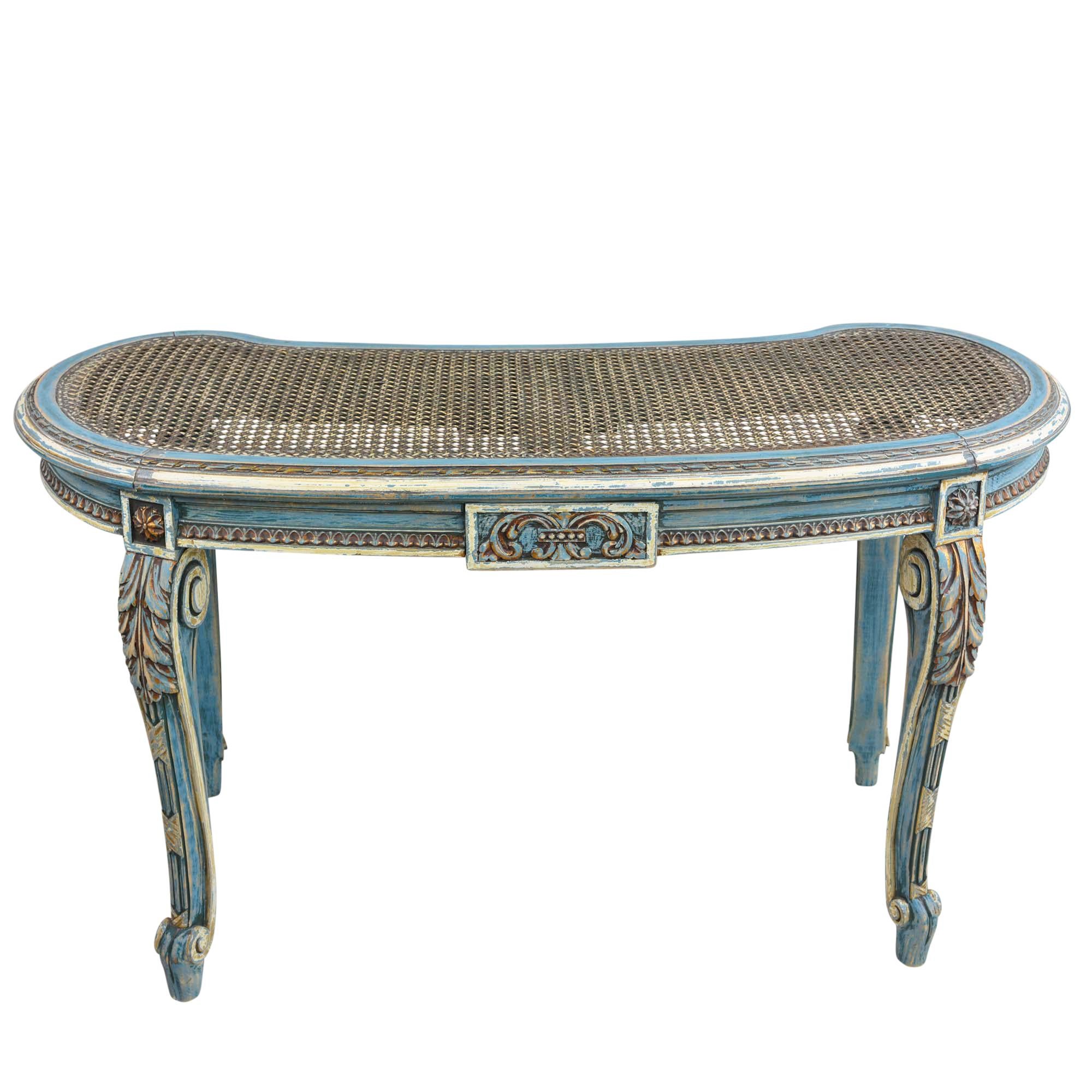 Carved French Louis XVI Style Kidney Shape Vanity or Window Bench French Blue Accents