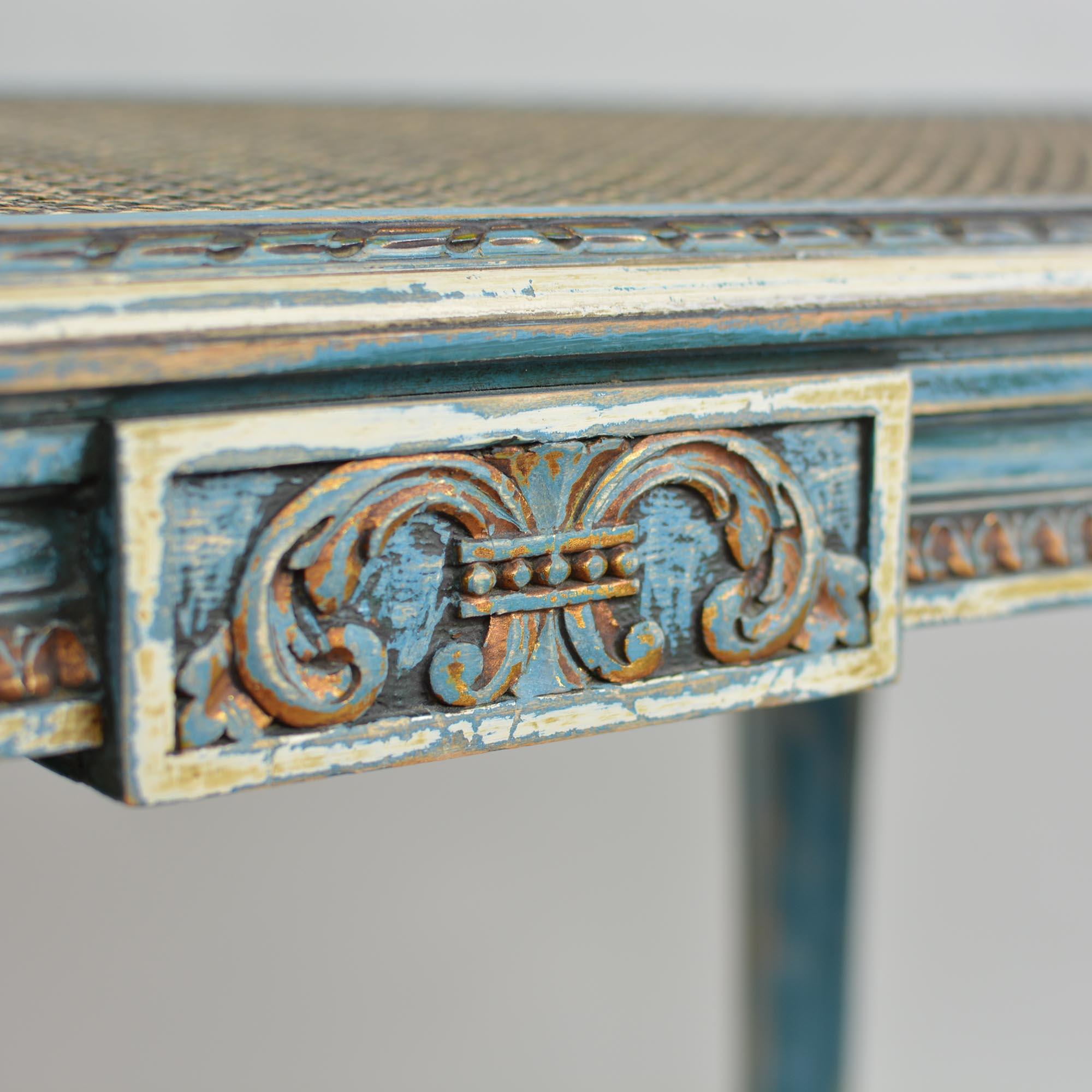 20th Century French Louis XVI Style Kidney Shape Vanity or Window Bench French Blue Accents