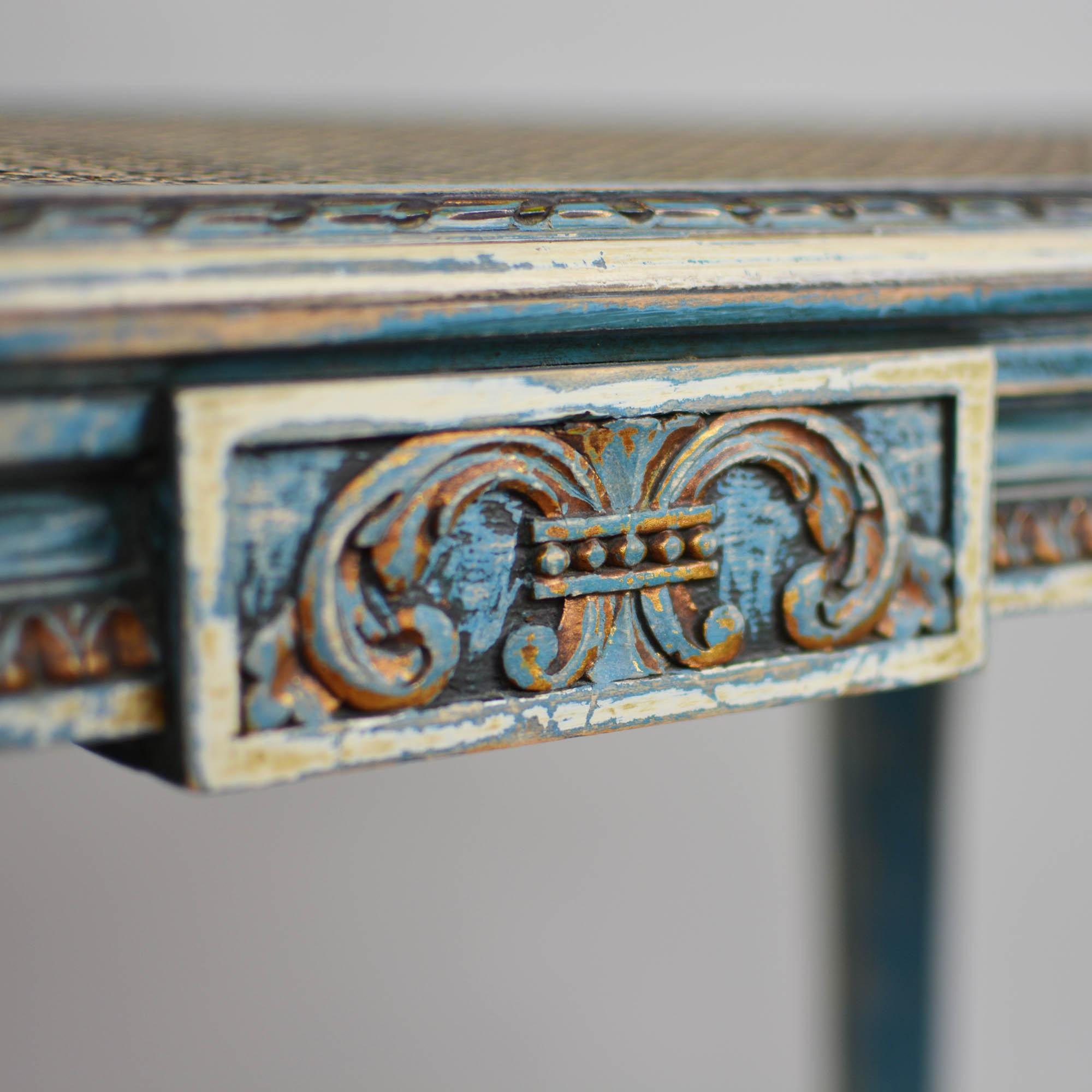 Wood French Louis XVI Style Kidney Shape Vanity or Window Bench French Blue Accents
