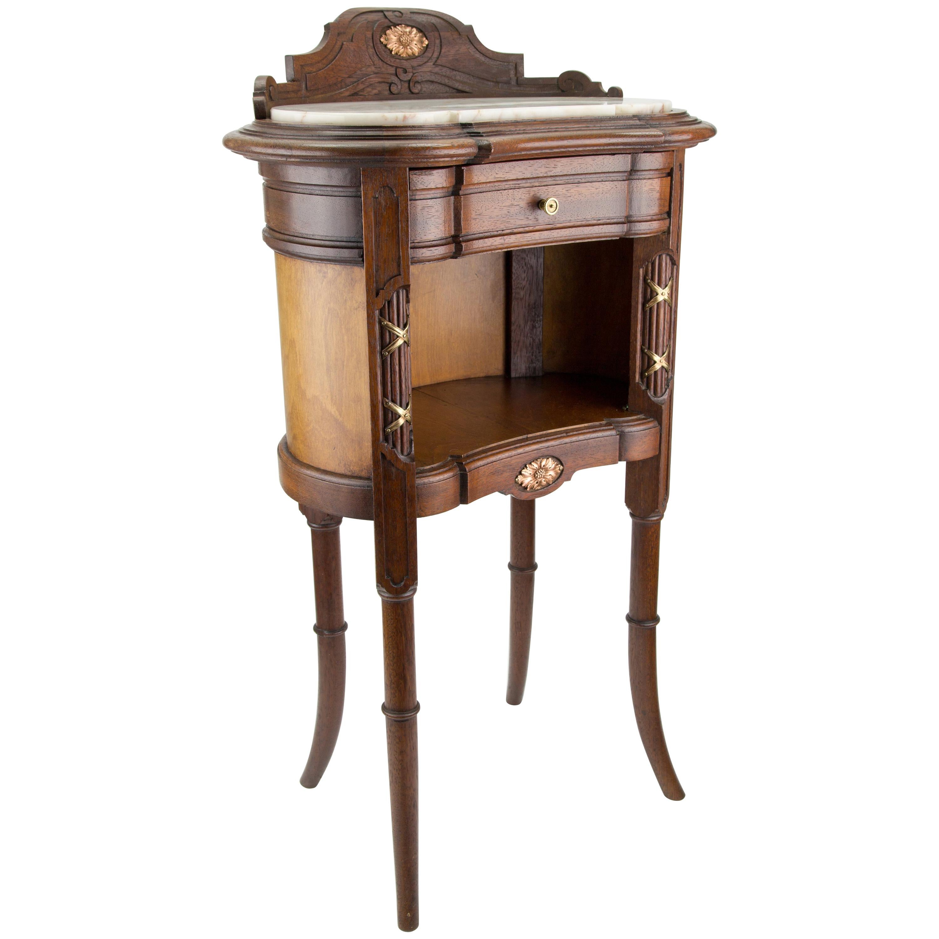 French Louis XVI Style Kidney Shaped Nightstand with Marble Top and Brass Mounts