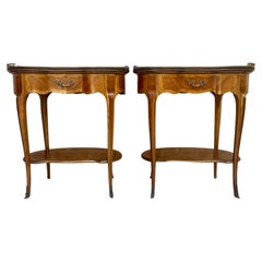 French Louis XVI Style Kidney Shaped Nightstands with Bronze and Green Marble