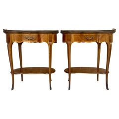 French Louis XVI Style Kidney Shaped Nightstands with Bronze and Green Marble