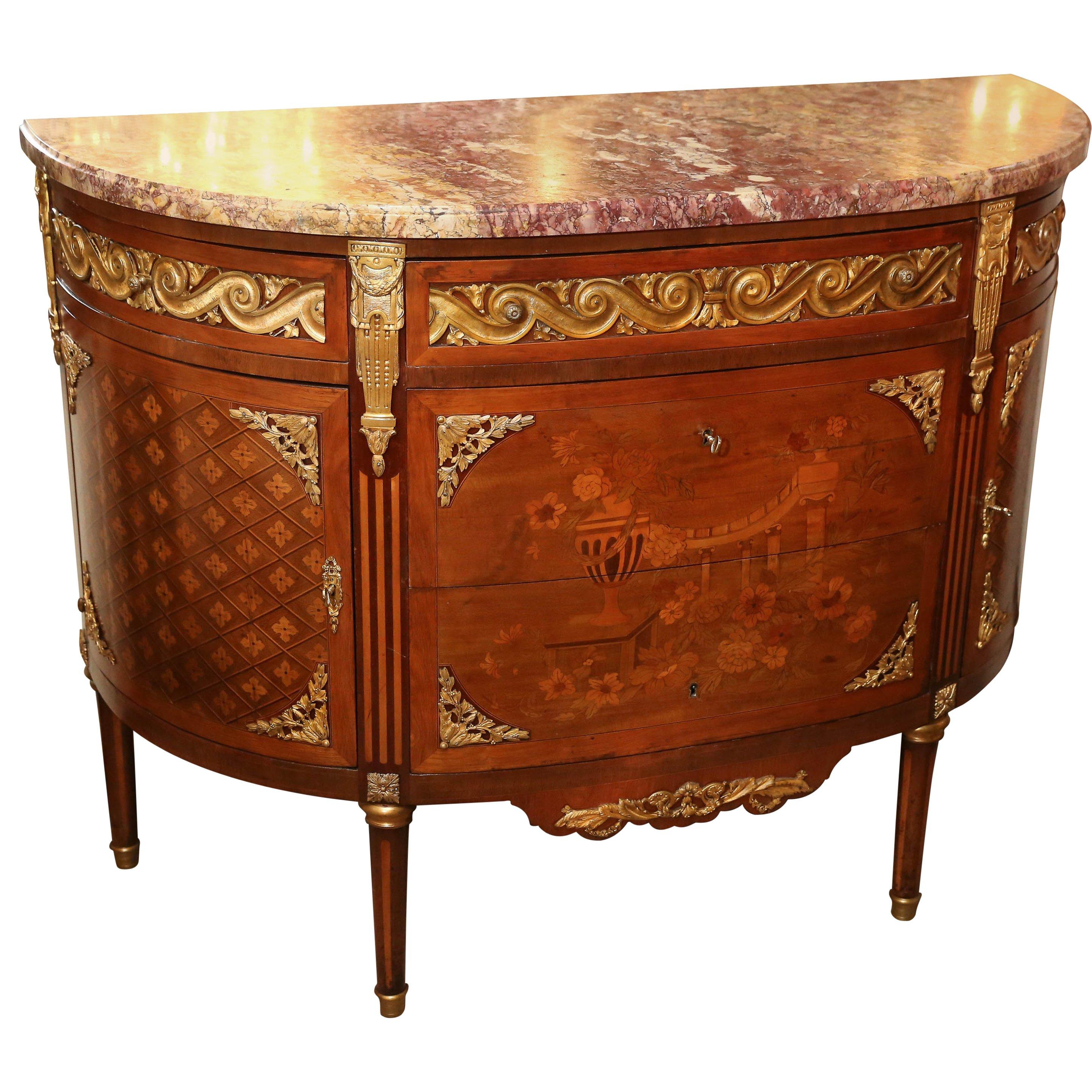 French Louis XVI Style King Wood, Exotic Woods Demilune Commode For Sale