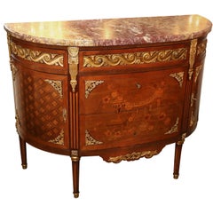 French Louis XVI Style King Wood, Exotic Woods Demilune Commode