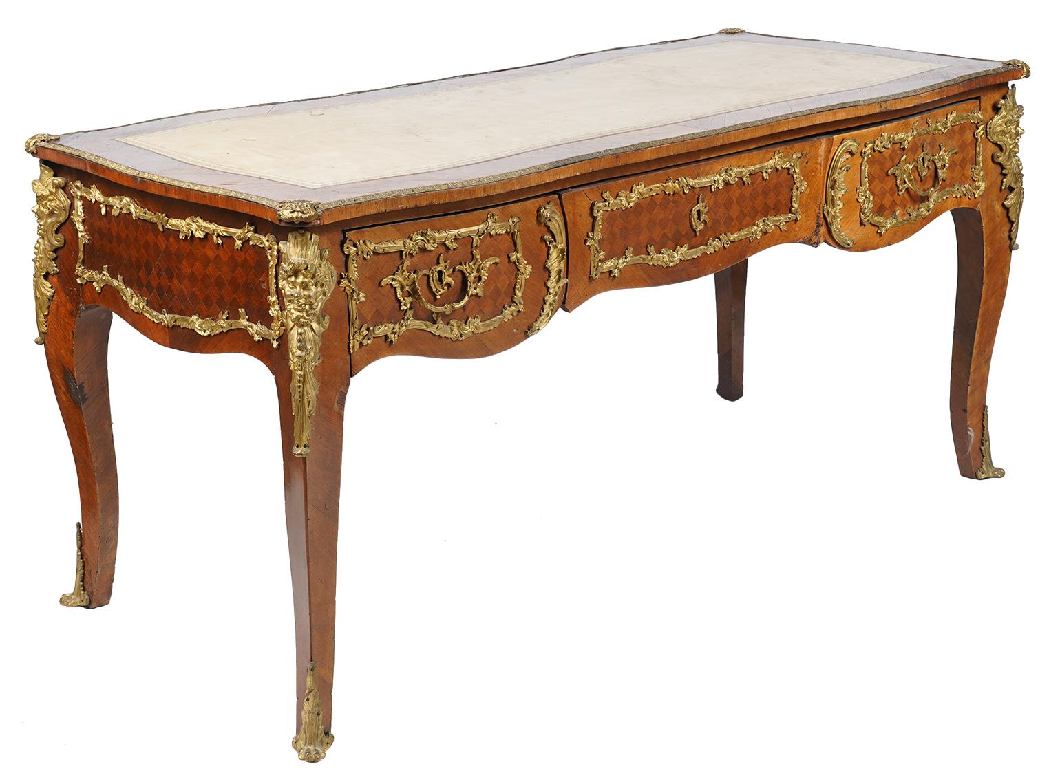 French Louis XVI Style Kingwood 19th Century Bureau Plat Desk with Bronze Mounts 14