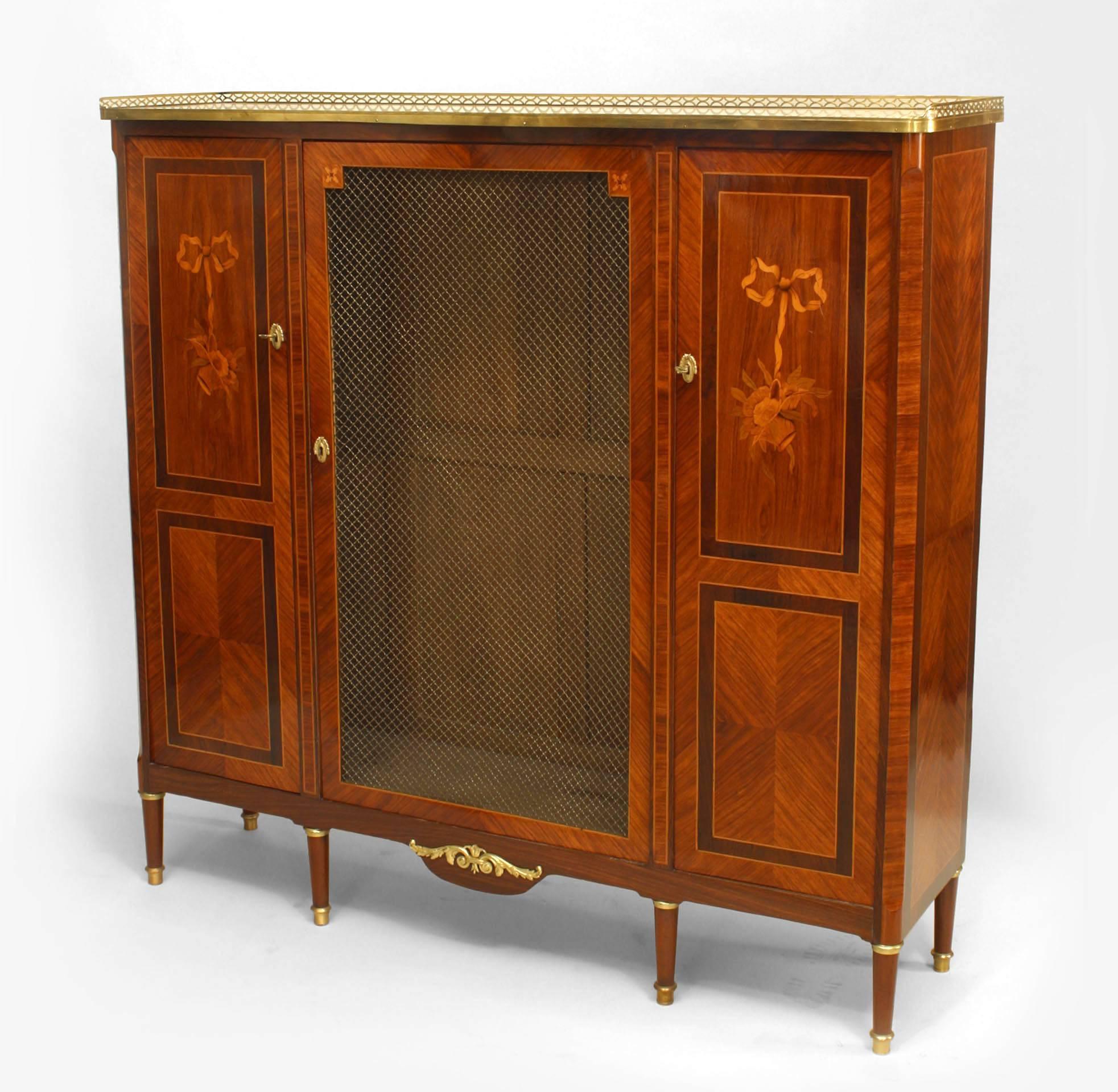 French Louis XVI kingwood and inlaid veneer high cabinet with three doors (grill center door) with a white marble top with gallery and gilt bronze trim.
 