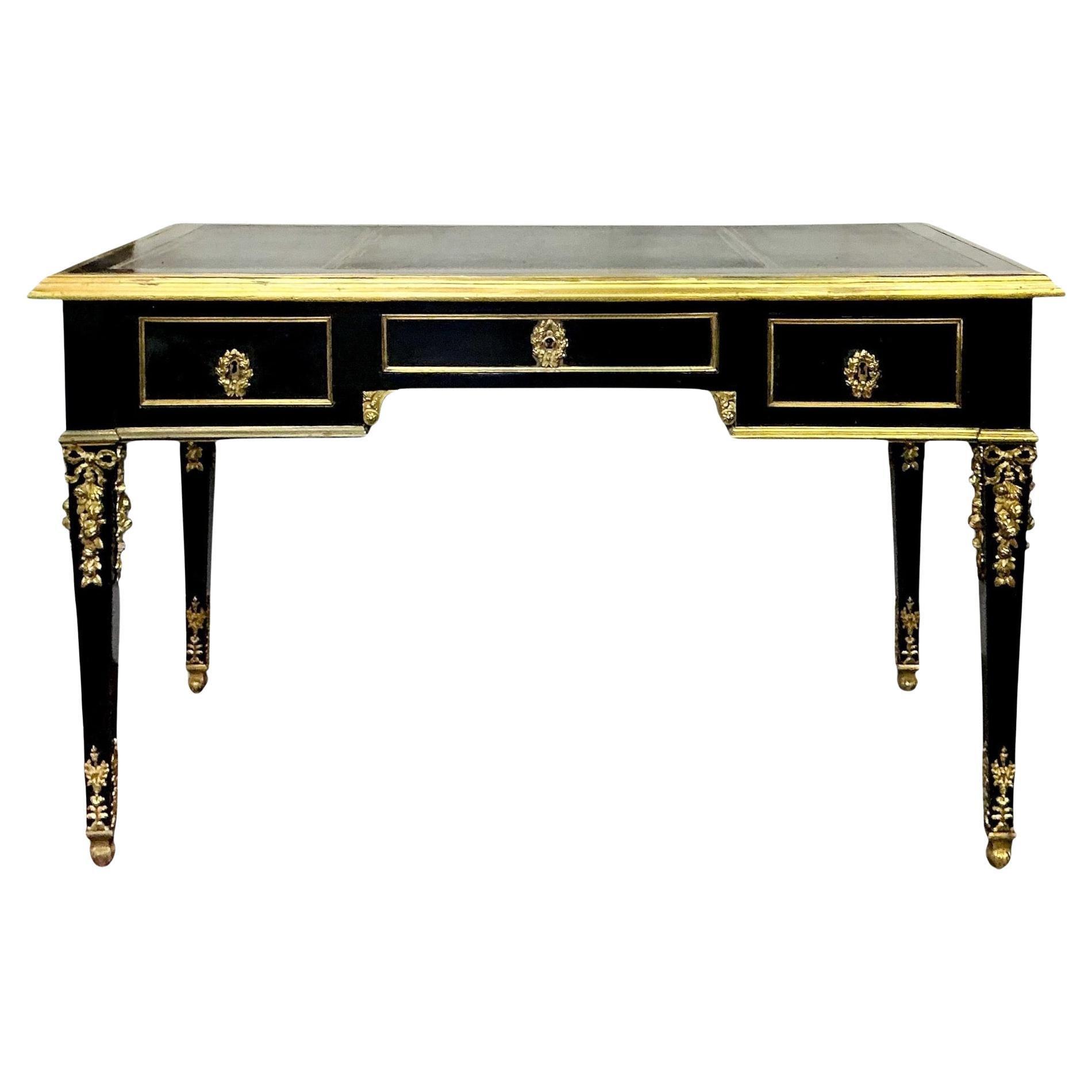 Französischer Louis XVI-Stil Lack, vergoldete Bronze und Lederplatte Schreibtisch/Schreibtisch