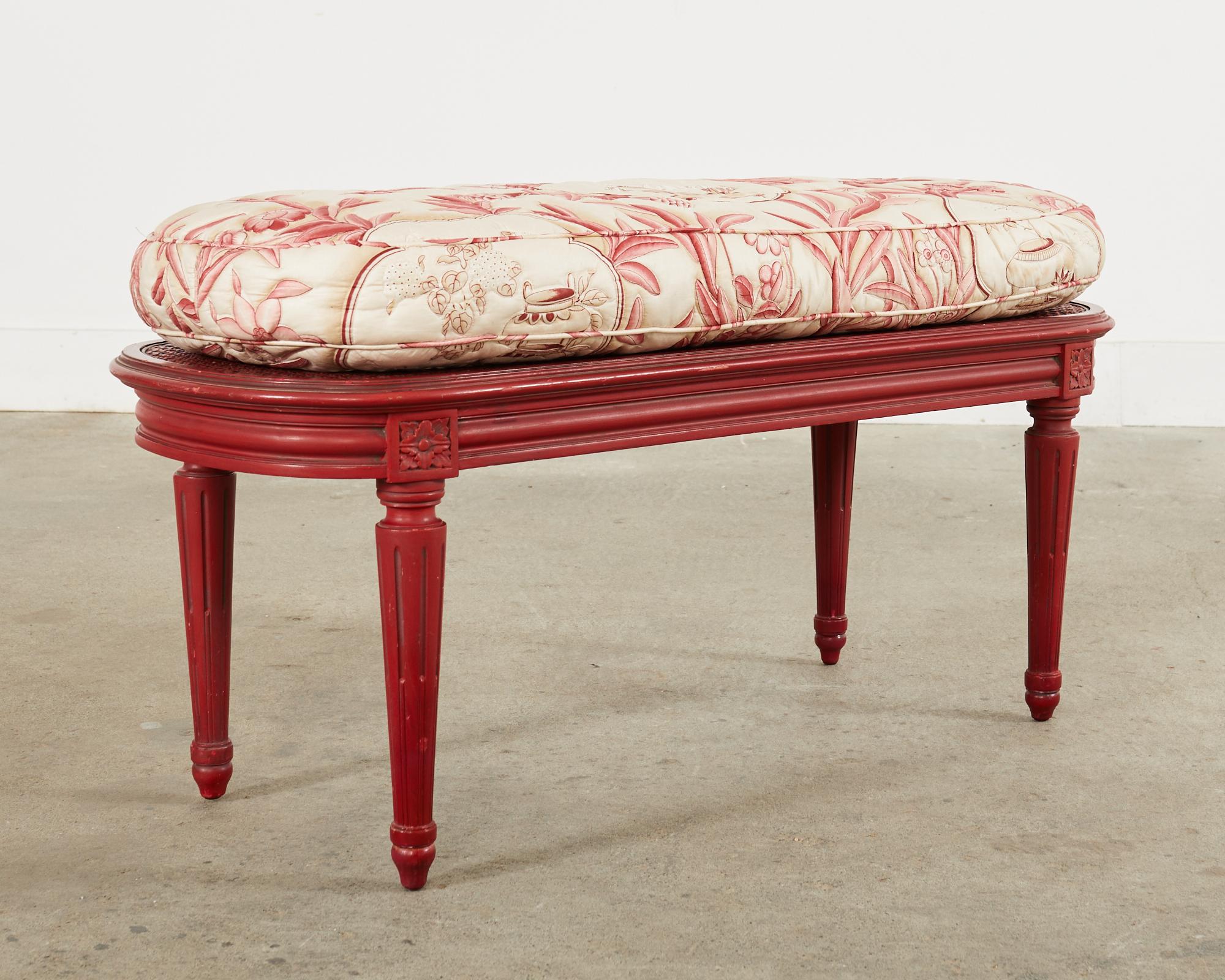 French Louis XVI Style Lacquered Oval Cane Bench In Good Condition For Sale In Rio Vista, CA