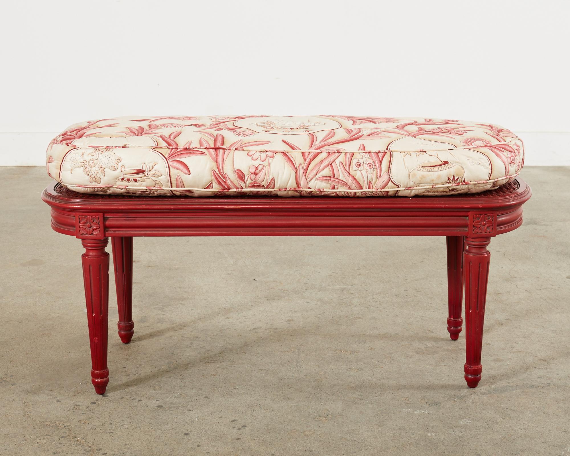 Fabric French Louis XVI Style Lacquered Oval Cane Bench For Sale
