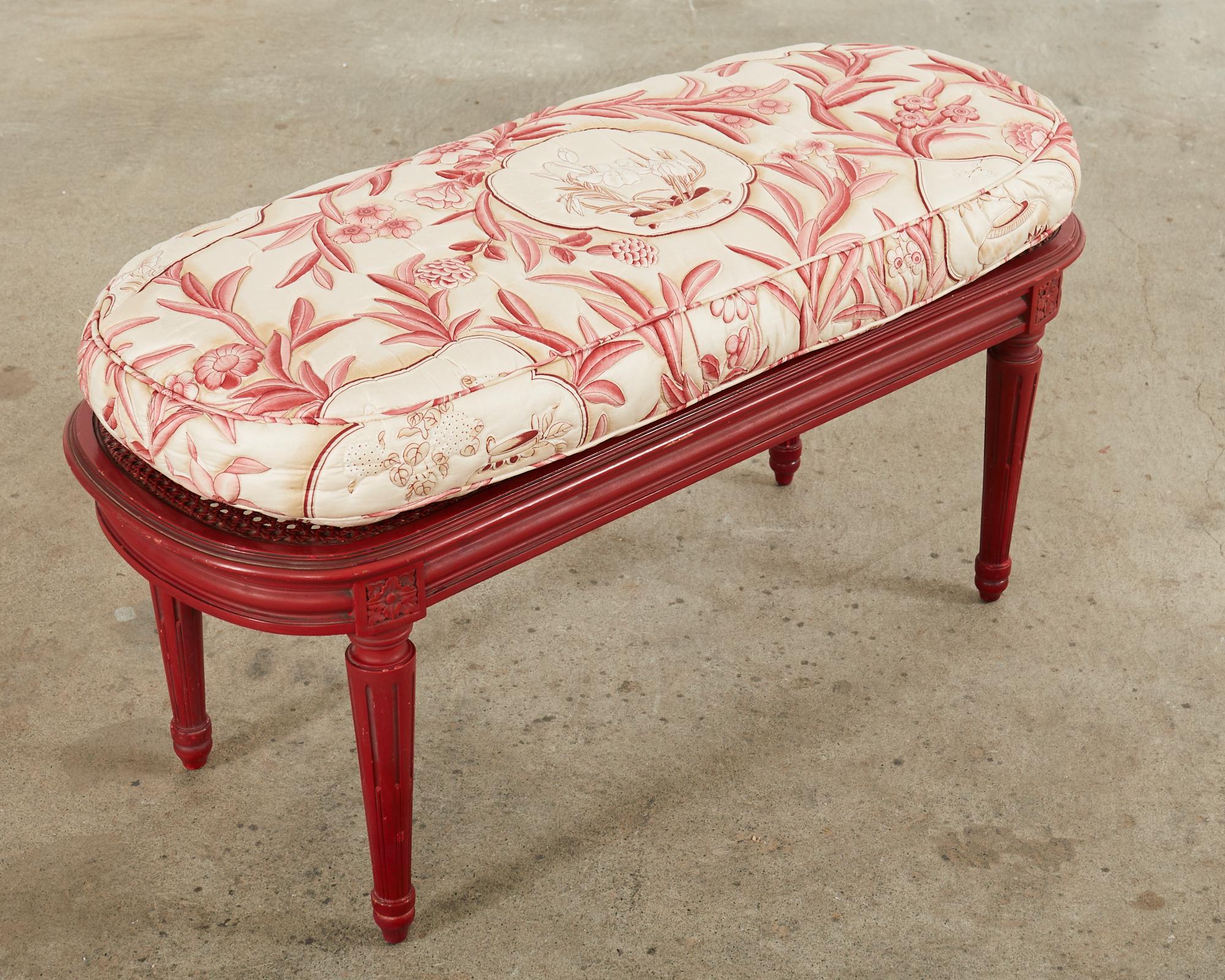 French Louis XVI Style Lacquered Oval Cane Bench For Sale 4