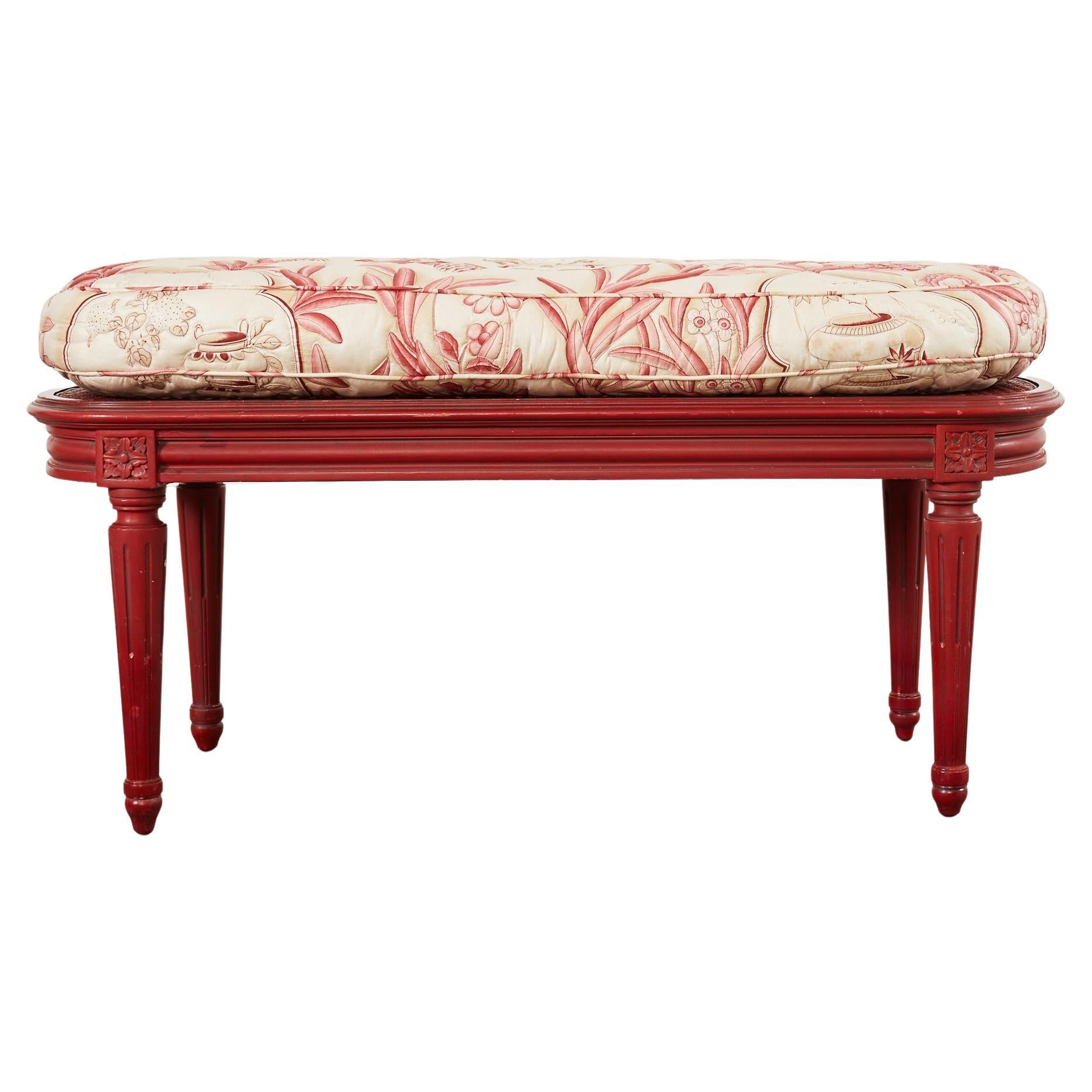 French Louis XVI Style Lacquered Oval Cane Bench For Sale