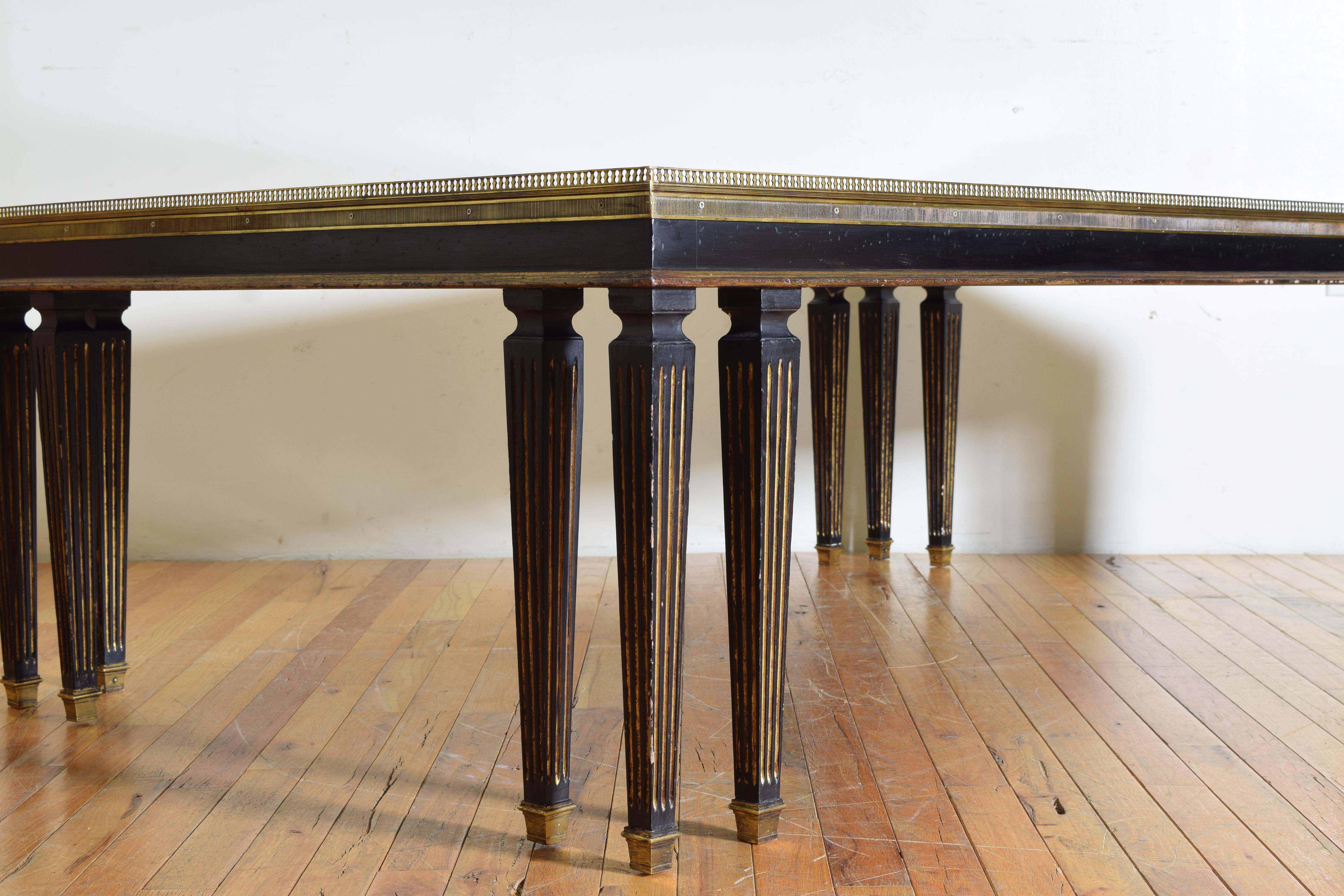 20th Century French Louis XVI Style Large Ebonized, Brass, and Tinted Glass Coffee Table, 20c