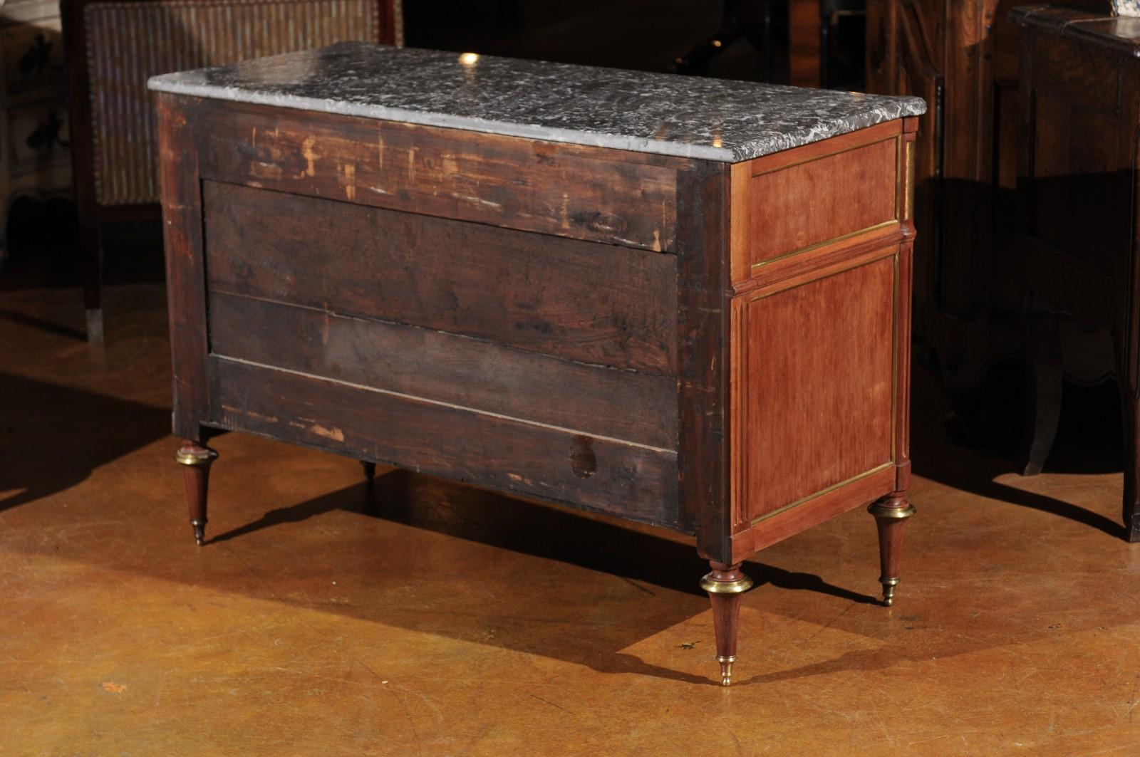 French Louis XVI Style Late 19th Century Grey Marble Top Three-Drawer Commode In Good Condition In Atlanta, GA