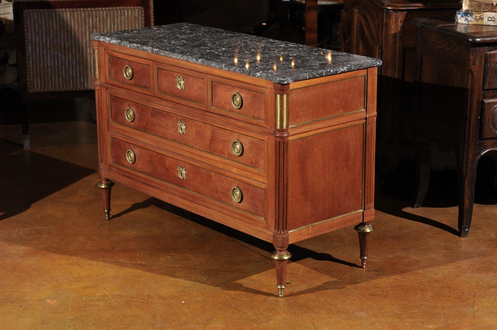 Brass French Louis XVI Style Late 19th Century Grey Marble Top Three-Drawer Commode