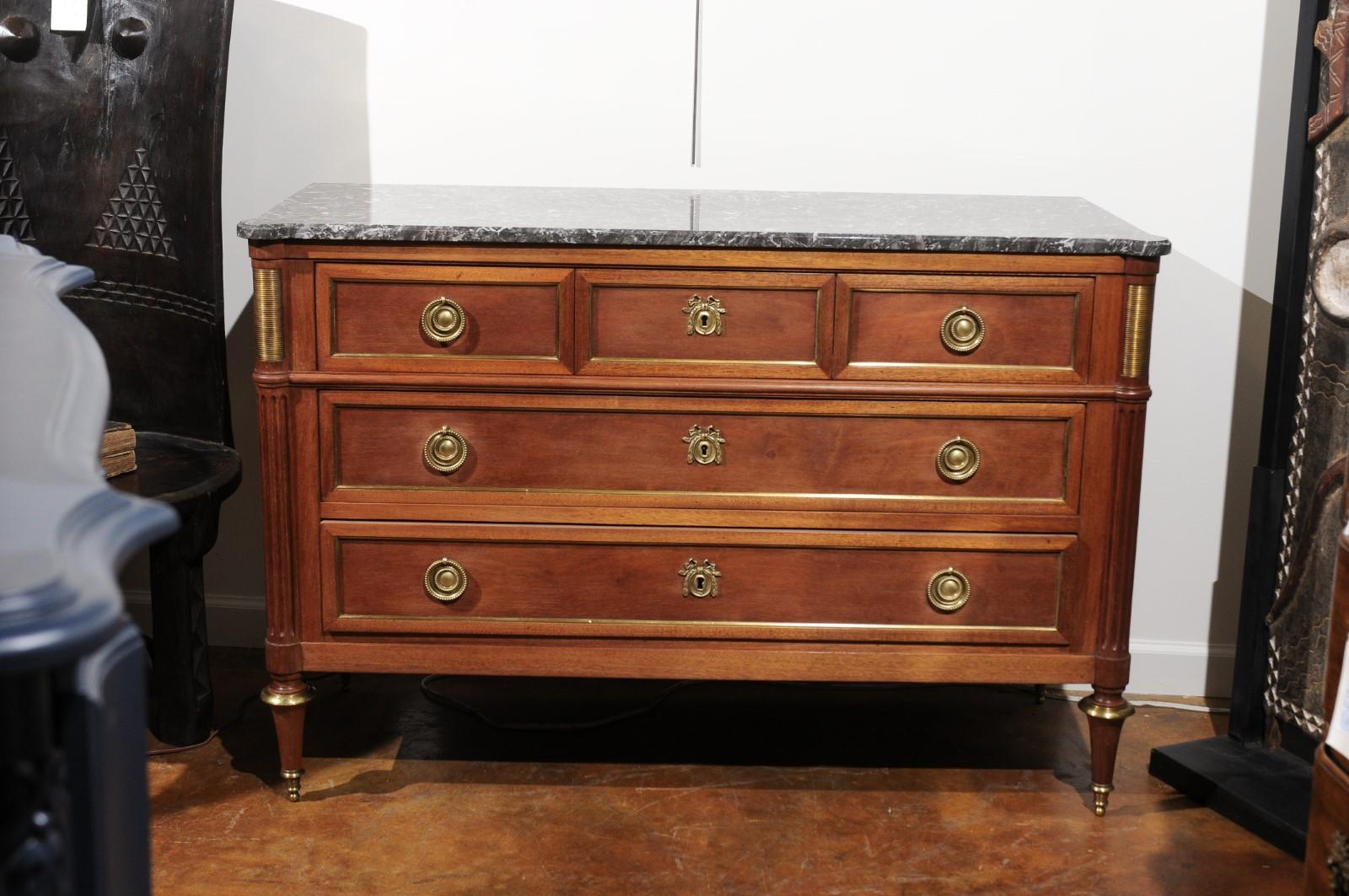 French Louis XVI Style Late 19th Century Grey Marble Top Three-Drawer Commode 1