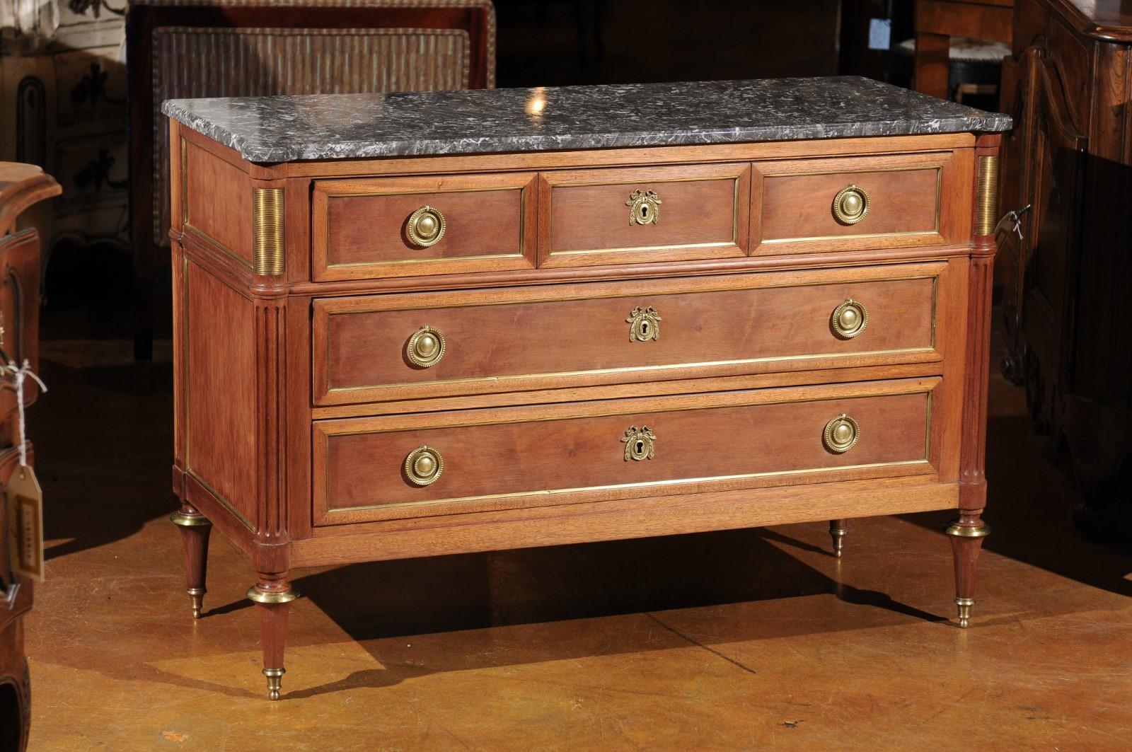 French Louis XVI Style Late 19th Century Grey Marble Top Three-Drawer Commode 2