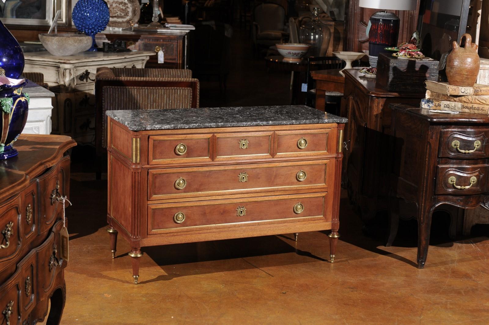 French Louis XVI Style Late 19th Century Grey Marble Top Three-Drawer Commode 3