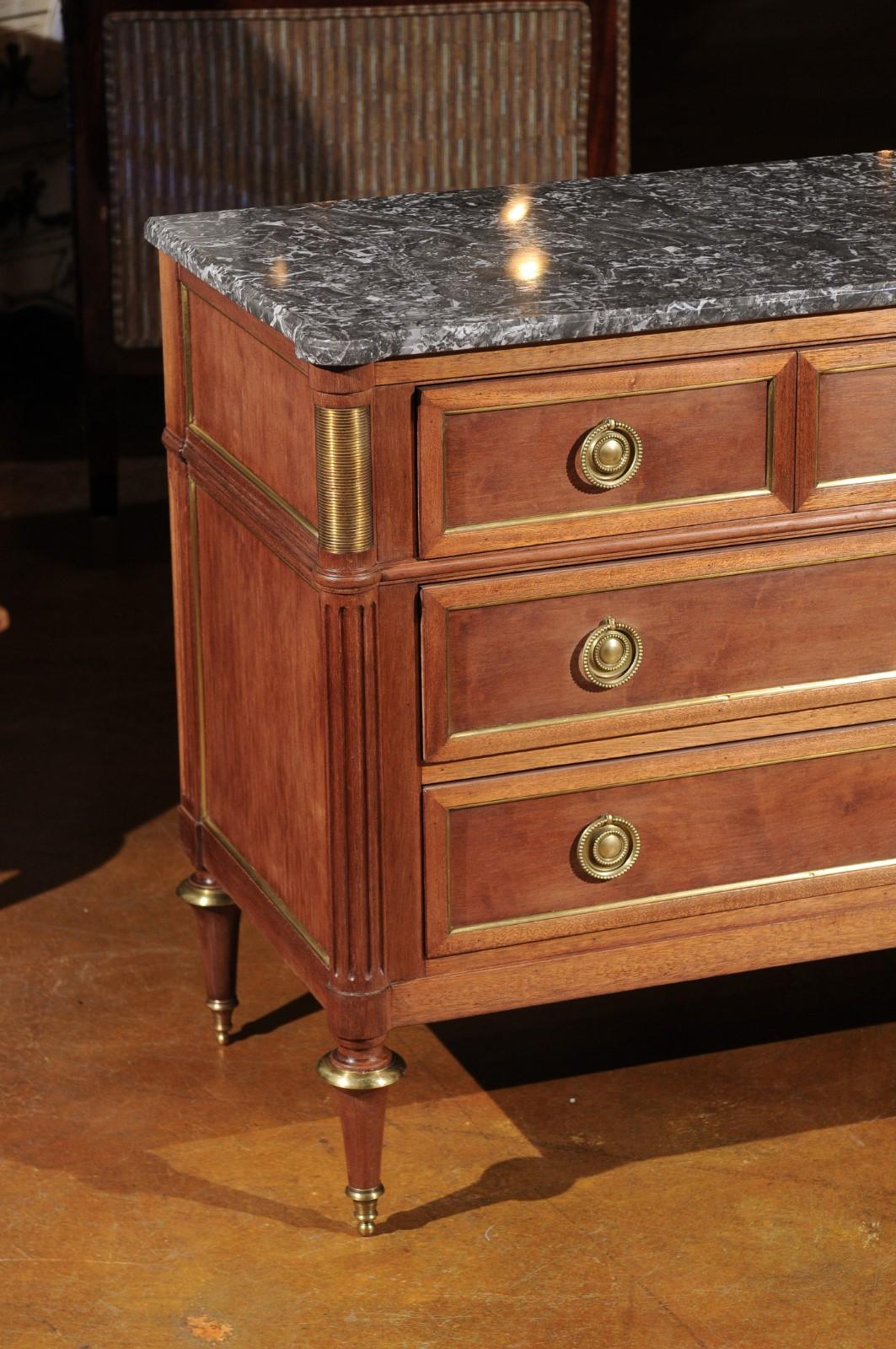 French Louis XVI Style Late 19th Century Grey Marble Top Three-Drawer Commode 4