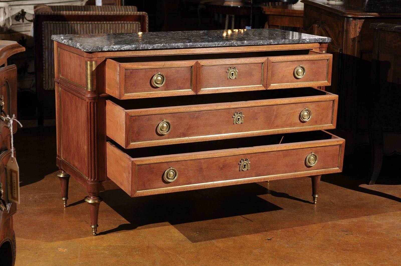 French Louis XVI Style Late 19th Century Grey Marble Top Three-Drawer Commode 5