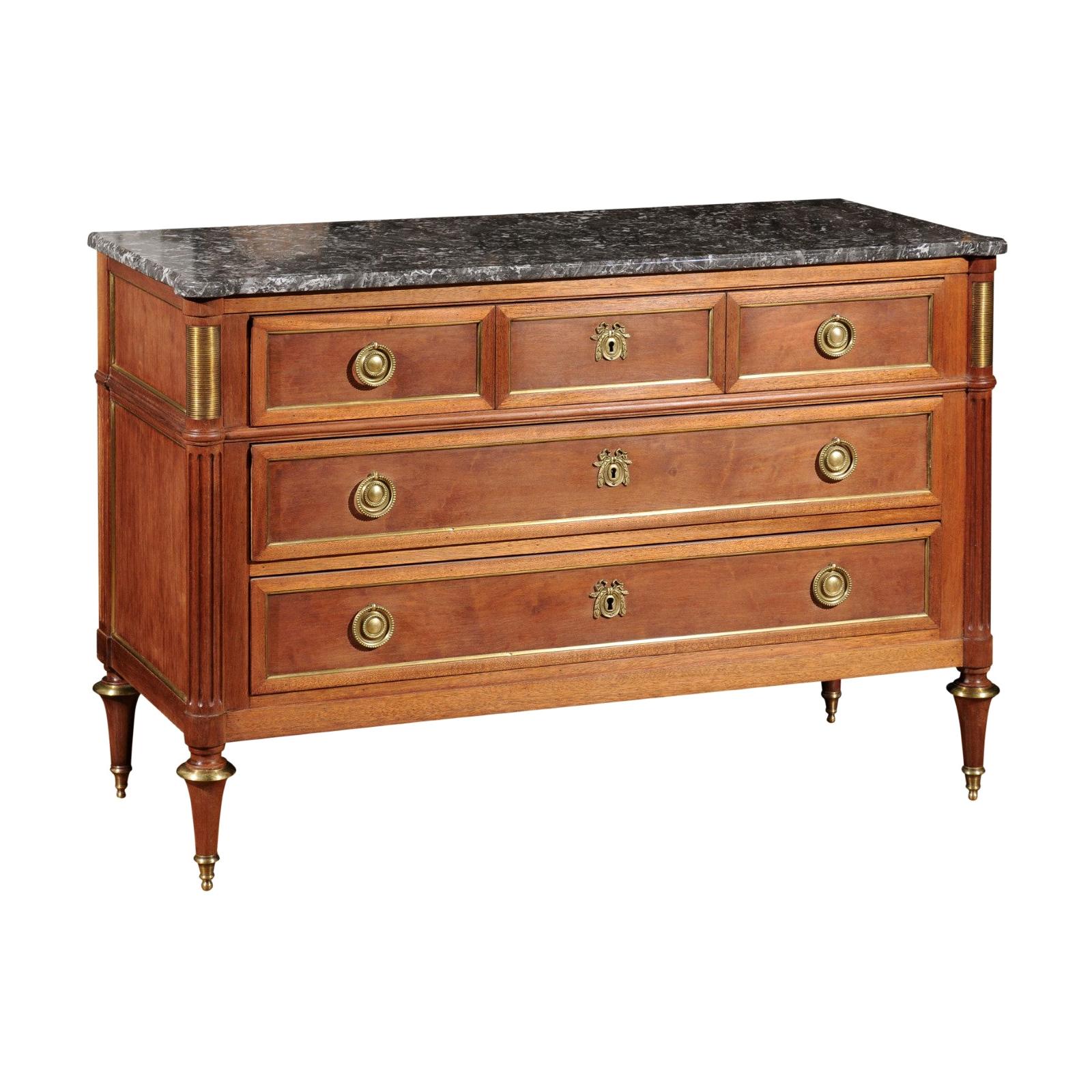French Louis XVI Style Late 19th Century Grey Marble Top Three-Drawer Commode