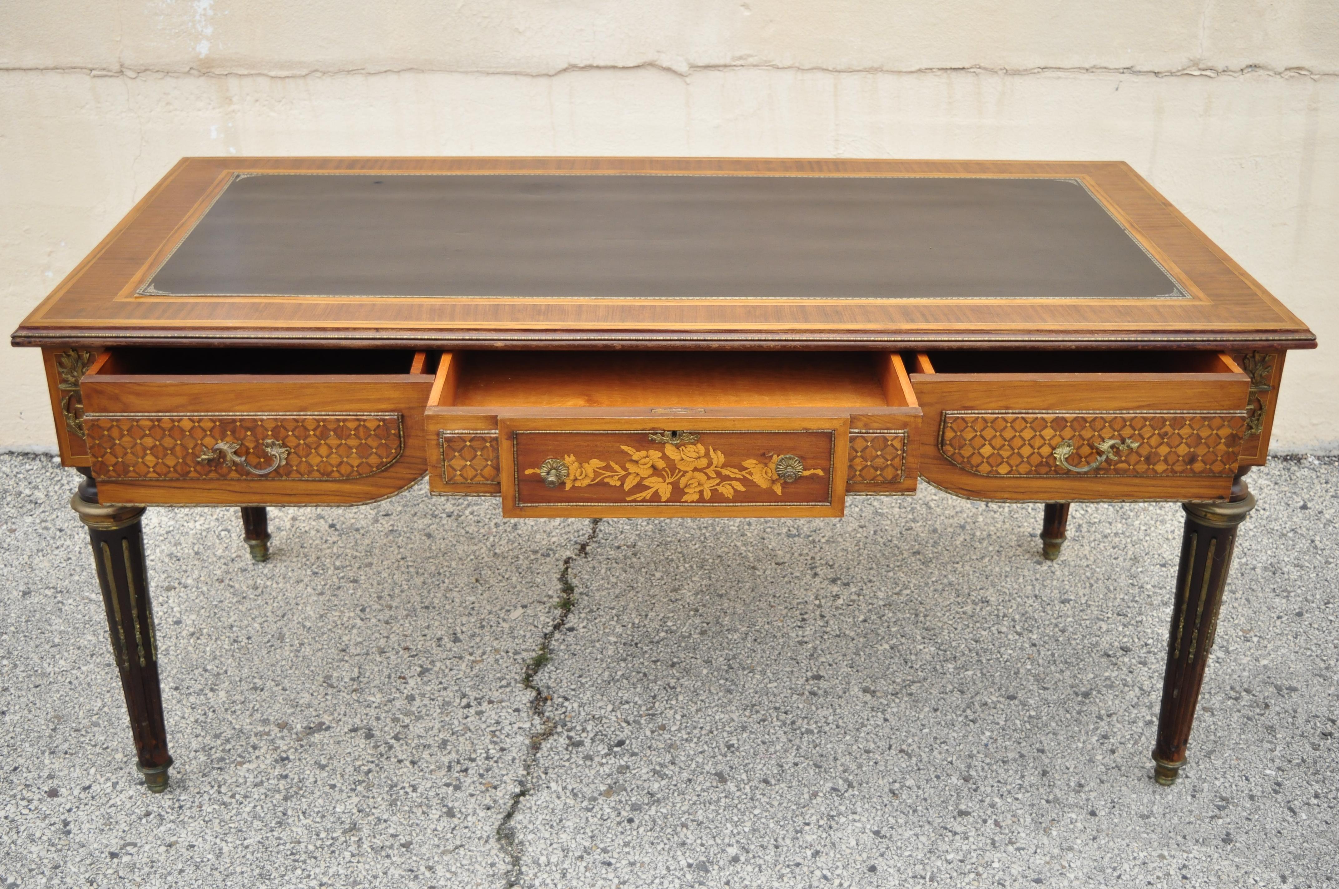 20th Century French Louis XVI Style Leather Top Bureau Plat Large Floral Inlay Executive Desk
