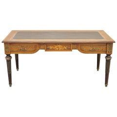 French Louis XVI Style Leather Top Bureau Plat Large Floral Inlay Executive Desk