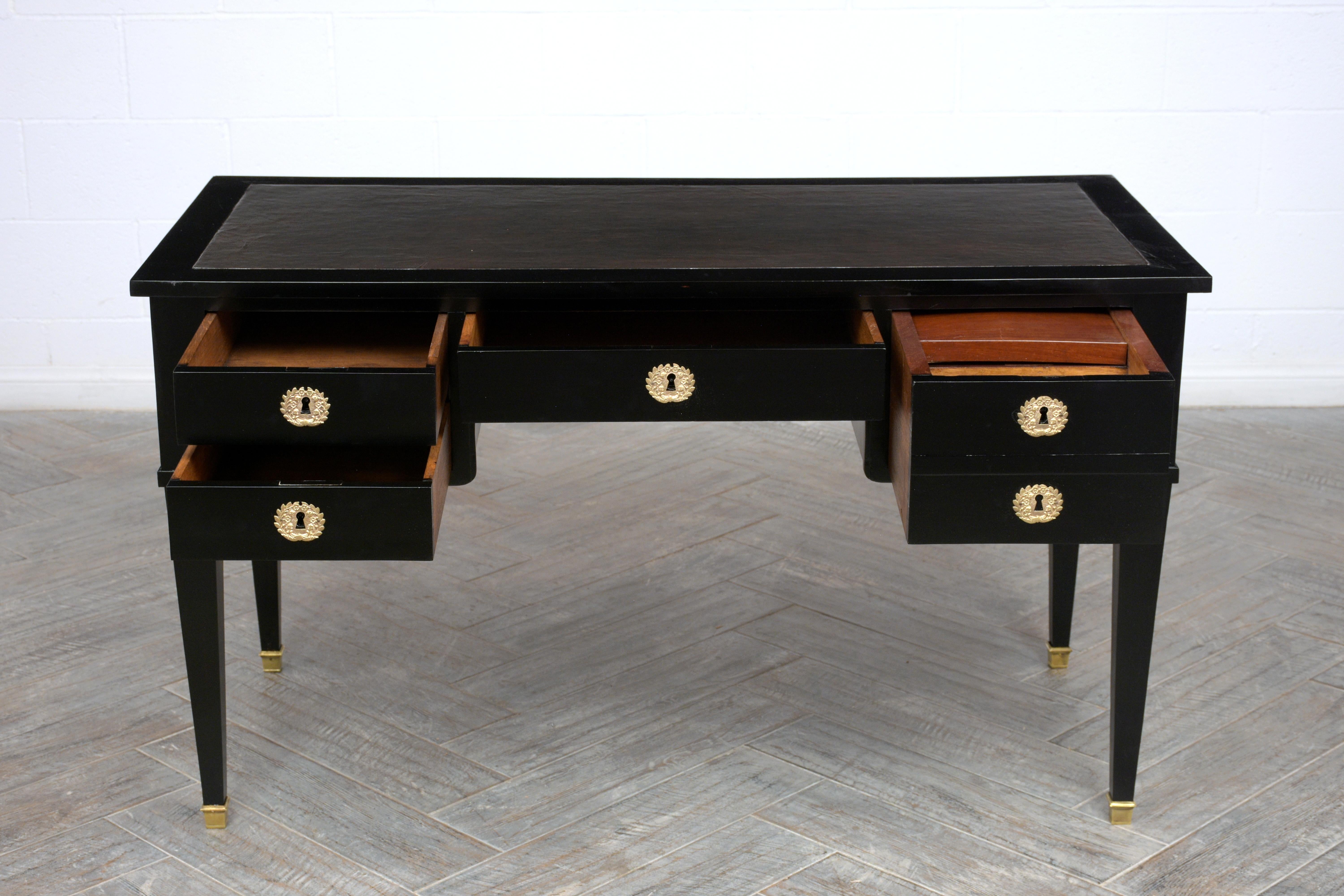 French Louis XVI-Style Leather Top Ebonized Desk In Excellent Condition In Los Angeles, CA