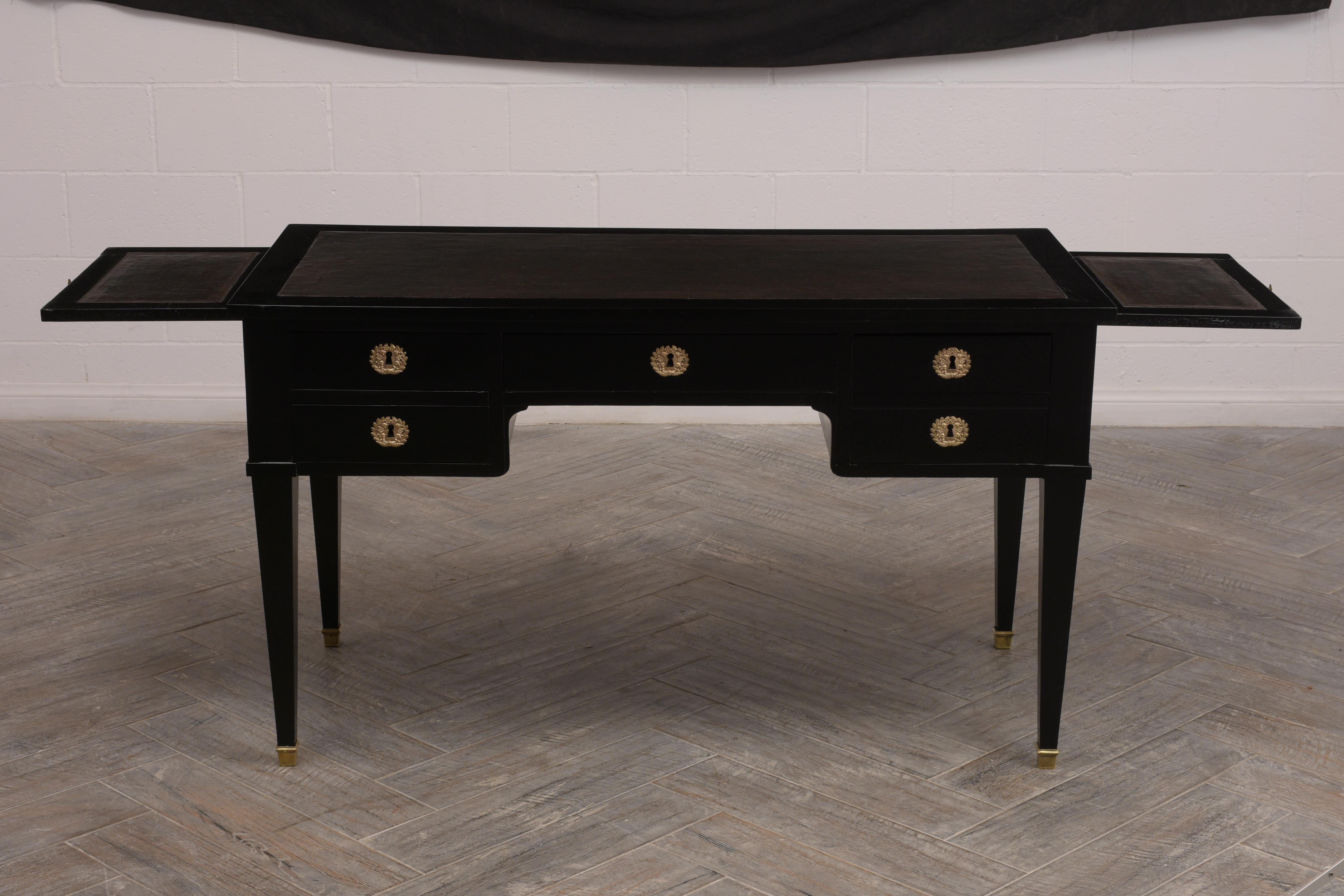 French Louis XVI-Style Leather Top Ebonized Desk 4
