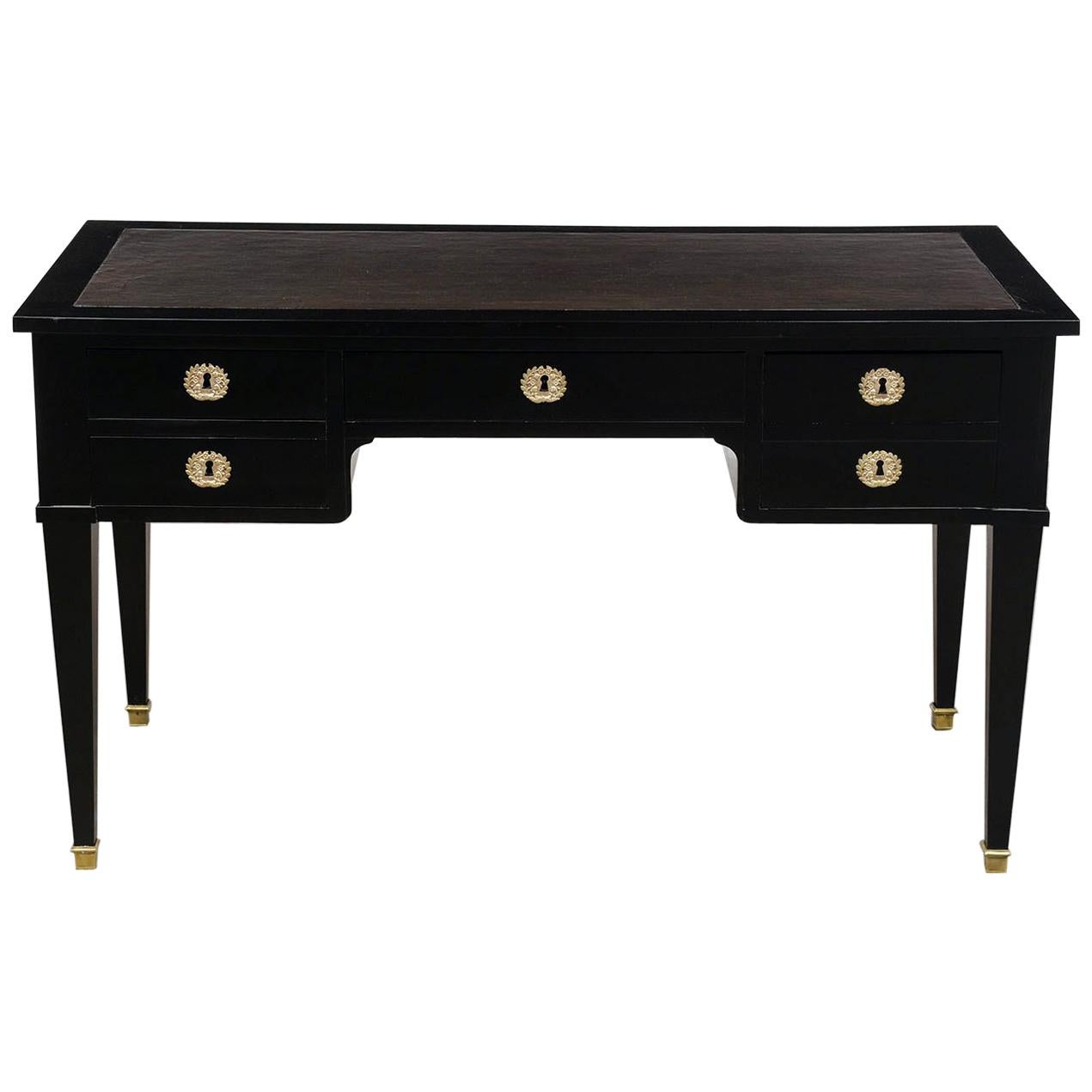 French Louis XVI-Style Leather Top Ebonized Desk