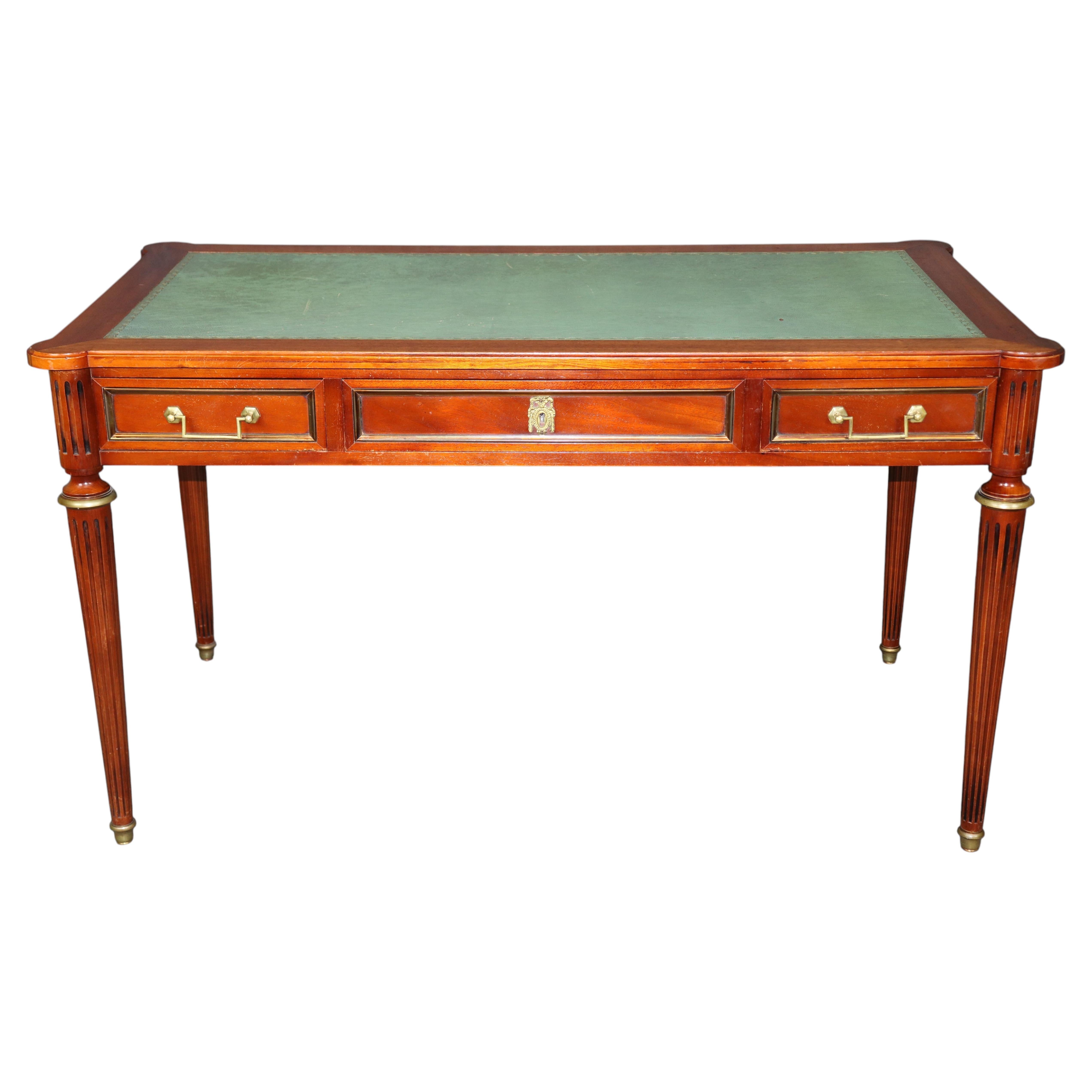 French Louis XVI Style Leather Top Mahogany Brass Mounted Desk