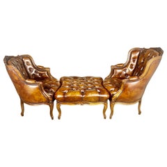 Vintage French Louis XVI Style Leather Tufted Duchesse Brisee Chaise Longue