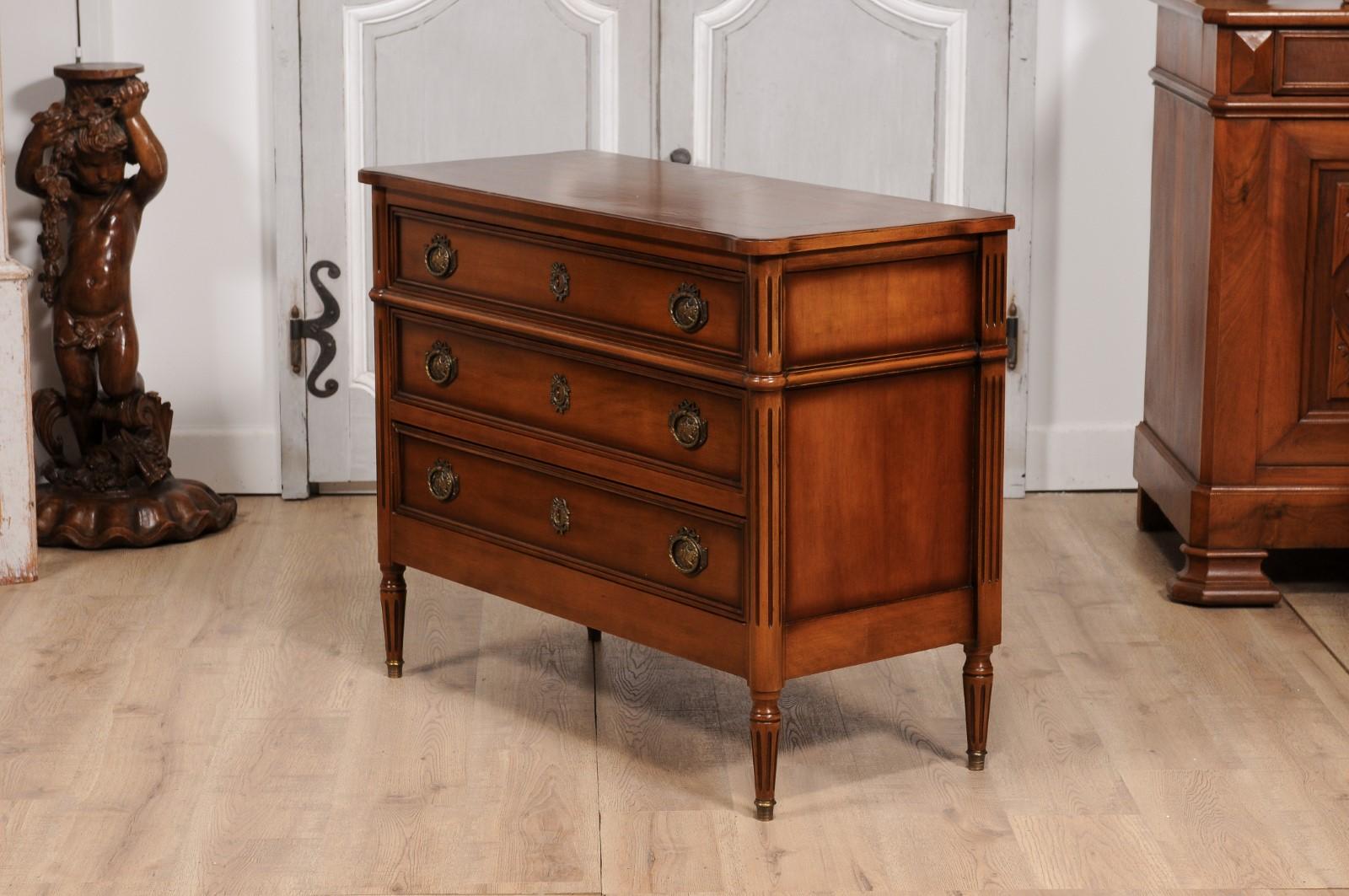 French Louis XVI Style Light Walnut Commode with Three Drawers and Fluted Motifs For Sale 7