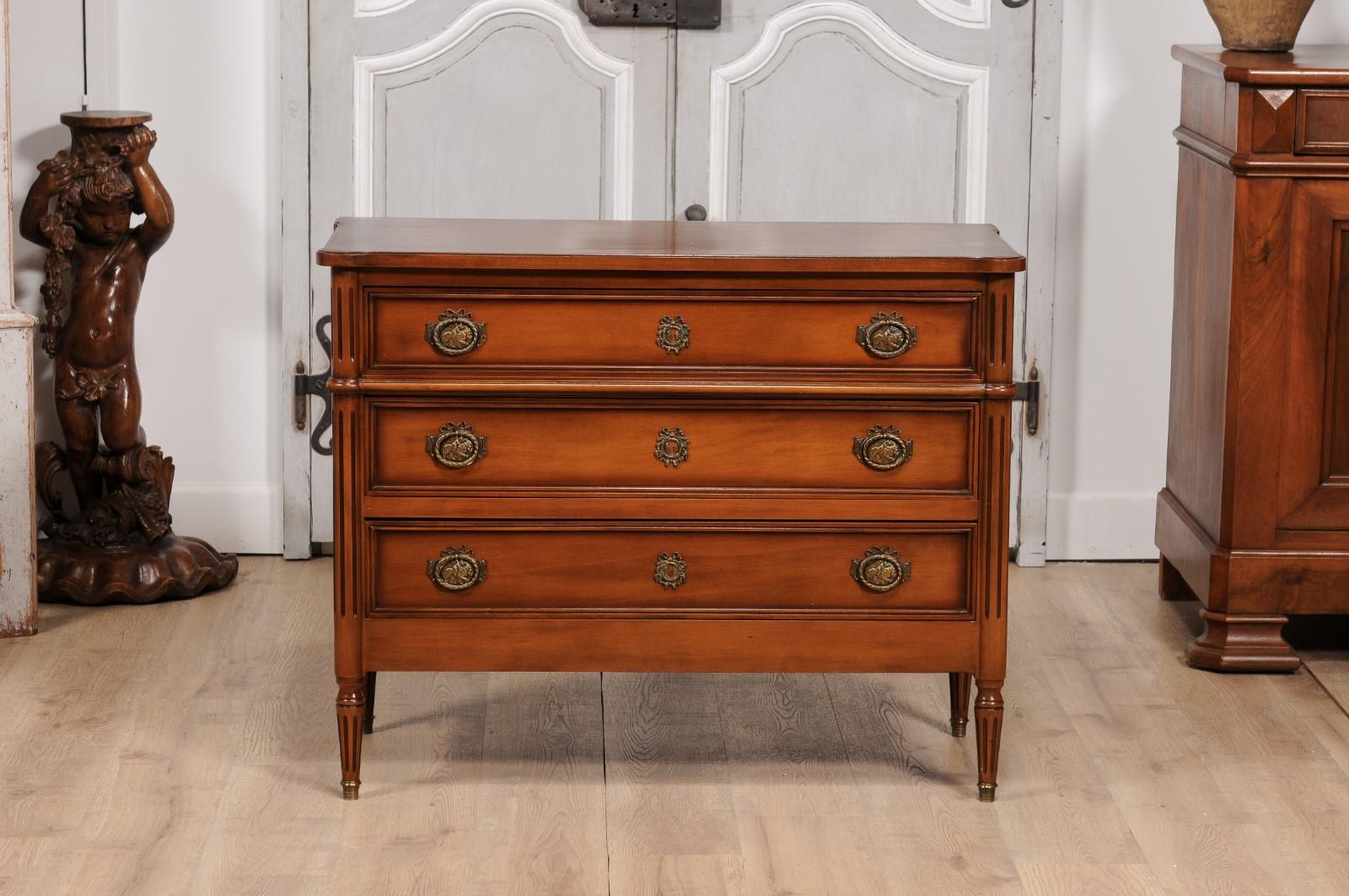 French Louis XVI Style Light Walnut Commode with Three Drawers and Fluted Motifs For Sale 8