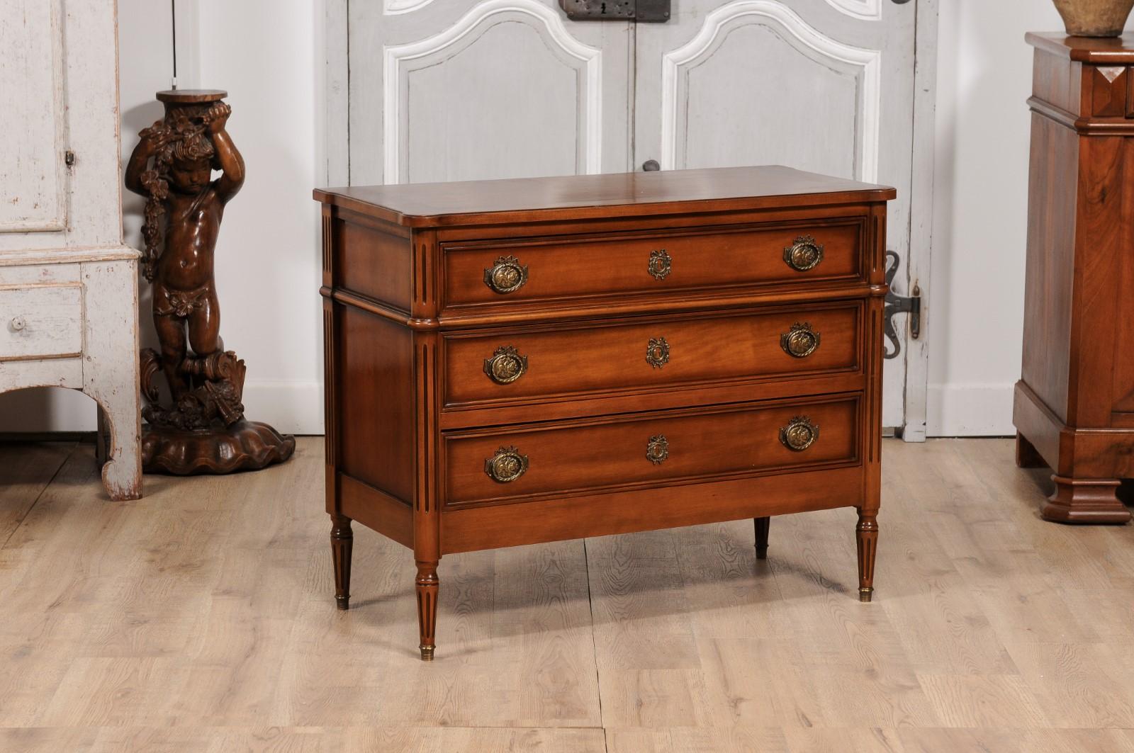 Carved French Louis XVI Style Light Walnut Commode with Three Drawers and Fluted Motifs For Sale