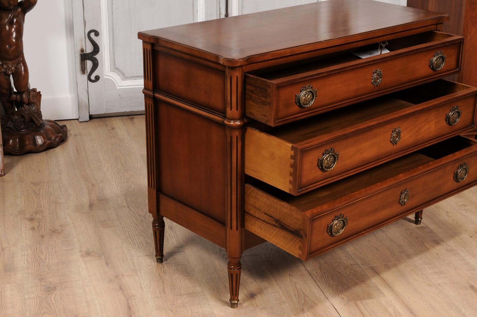 20th Century French Louis XVI Style Light Walnut Commode with Three Drawers and Fluted Motifs For Sale