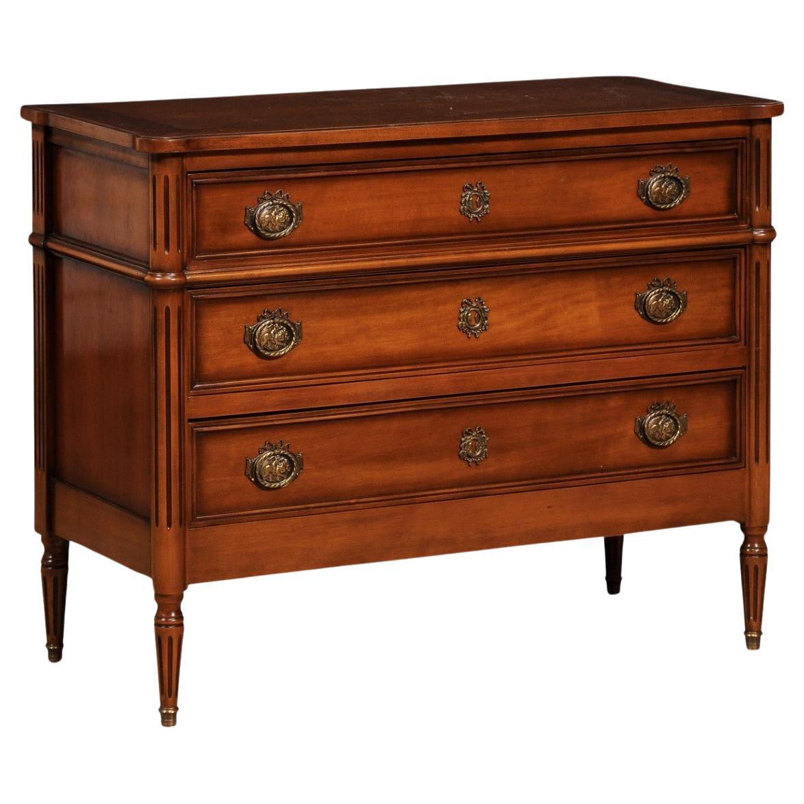 French Louis XVI Style Light Walnut Commode with Three Drawers and Fluted Motifs For Sale