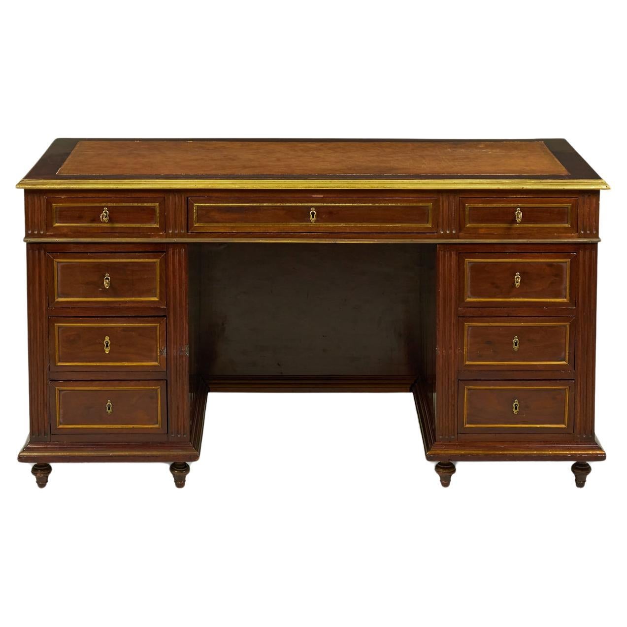 French  Louis XVI Style Mahogany and Brass Kneehole Desk