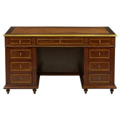 French  Louis XVI Style Mahogany and Brass Kneehole Desk